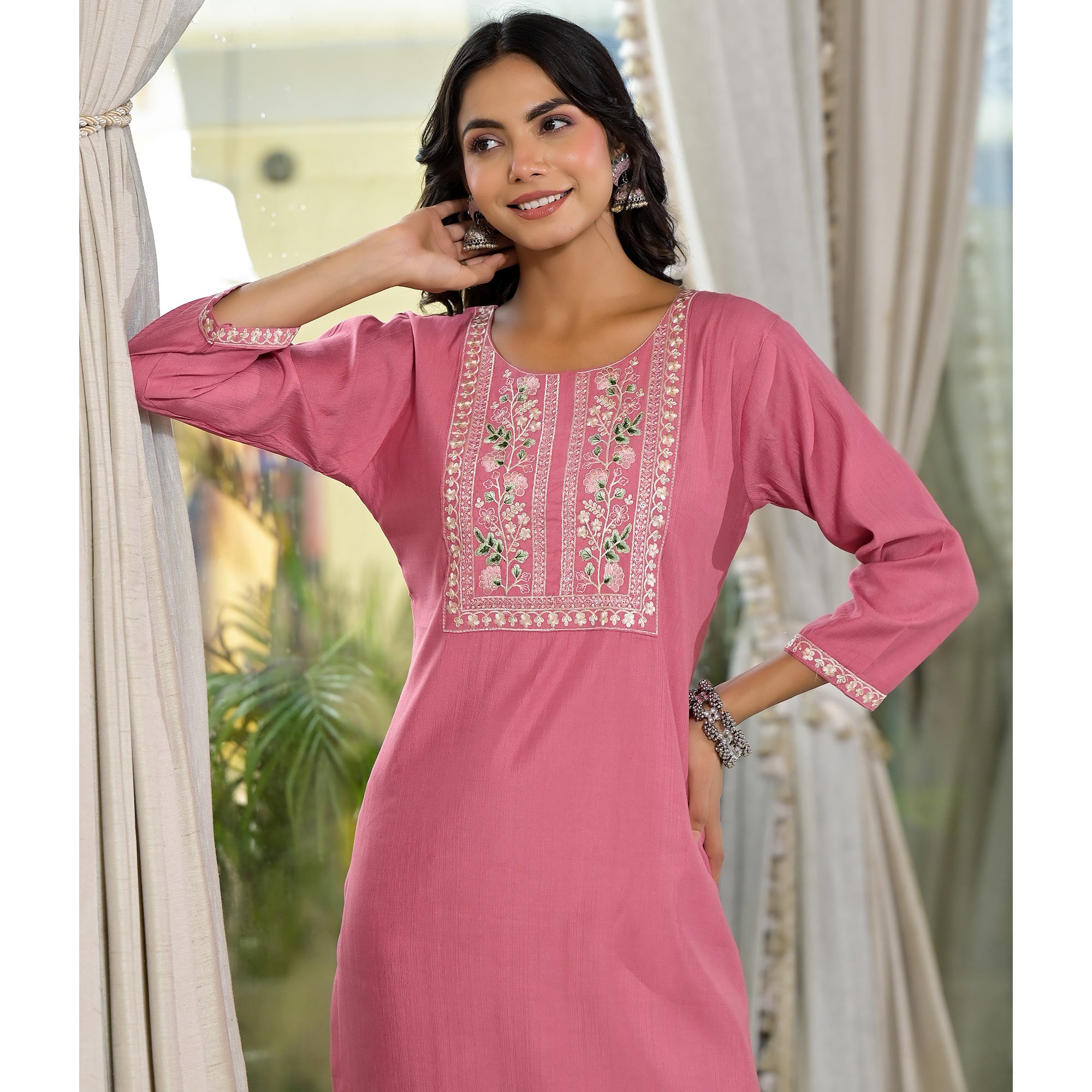 Pink Yoke Embroidered Viscose Straight Kurti