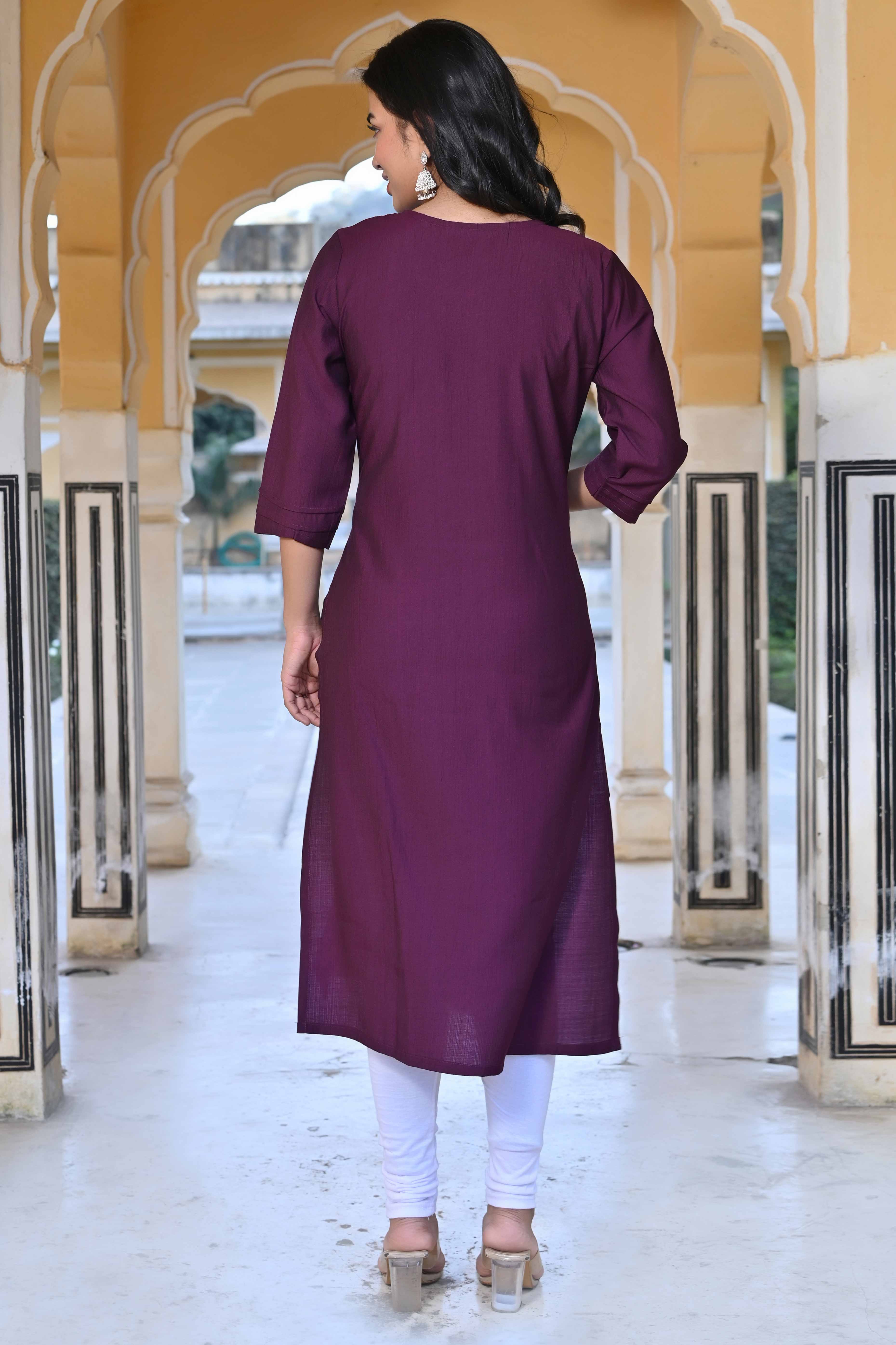 Purple Floral Embroidered Viscose Straight Kurti