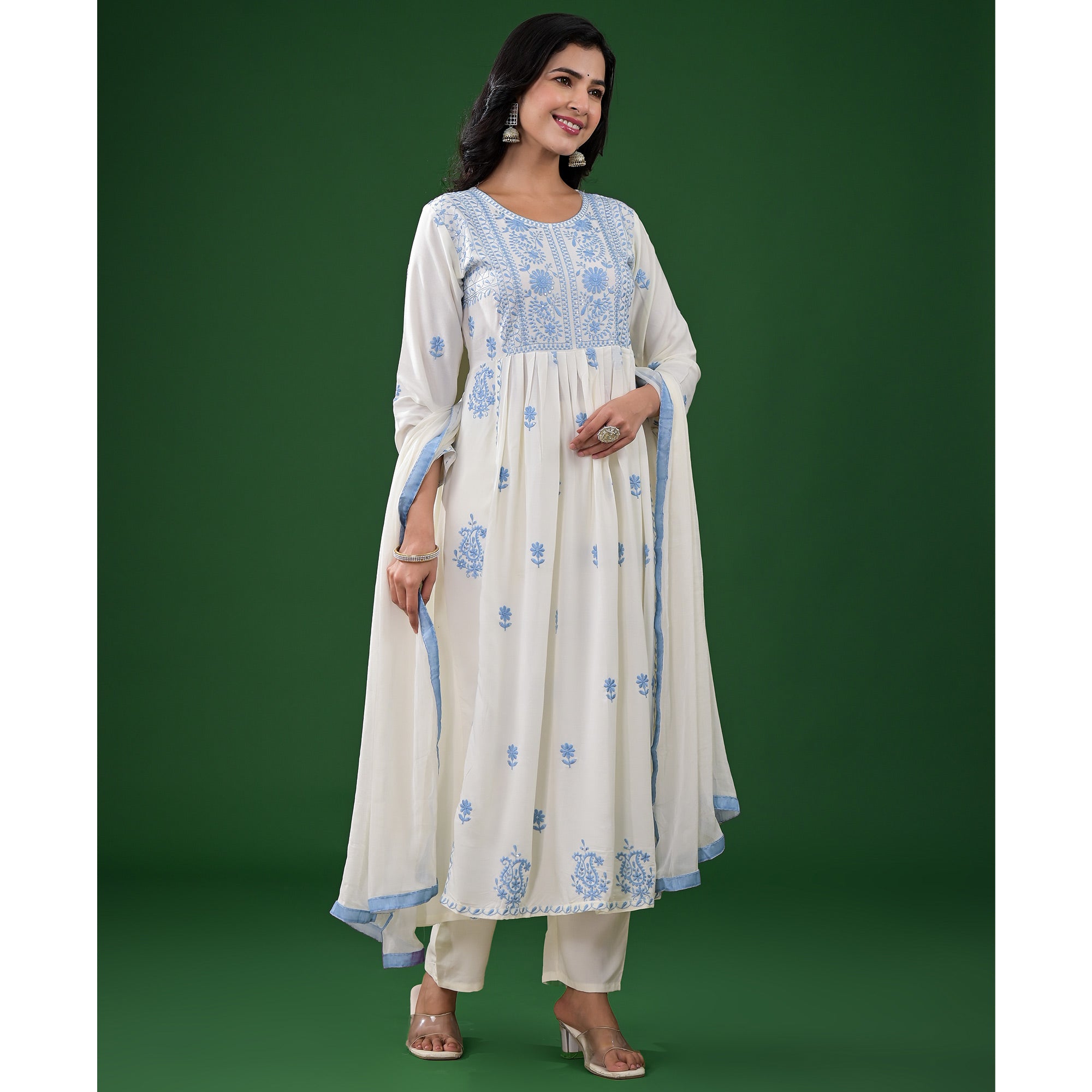 White Floral Embroidered Rayon A-Line Salwar Suit