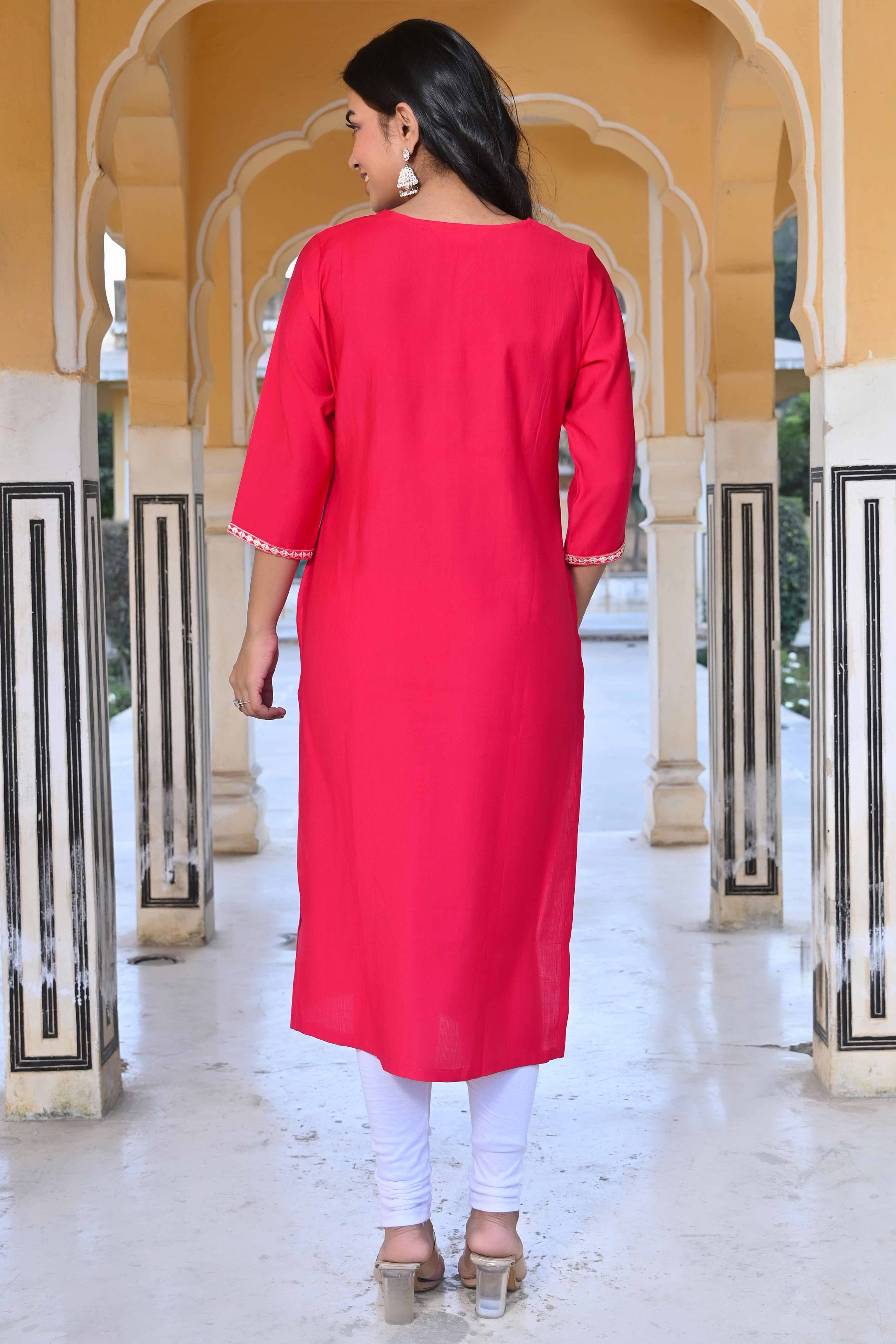 Pink Yoke Embroidered Pure Cotton Straight Kurti