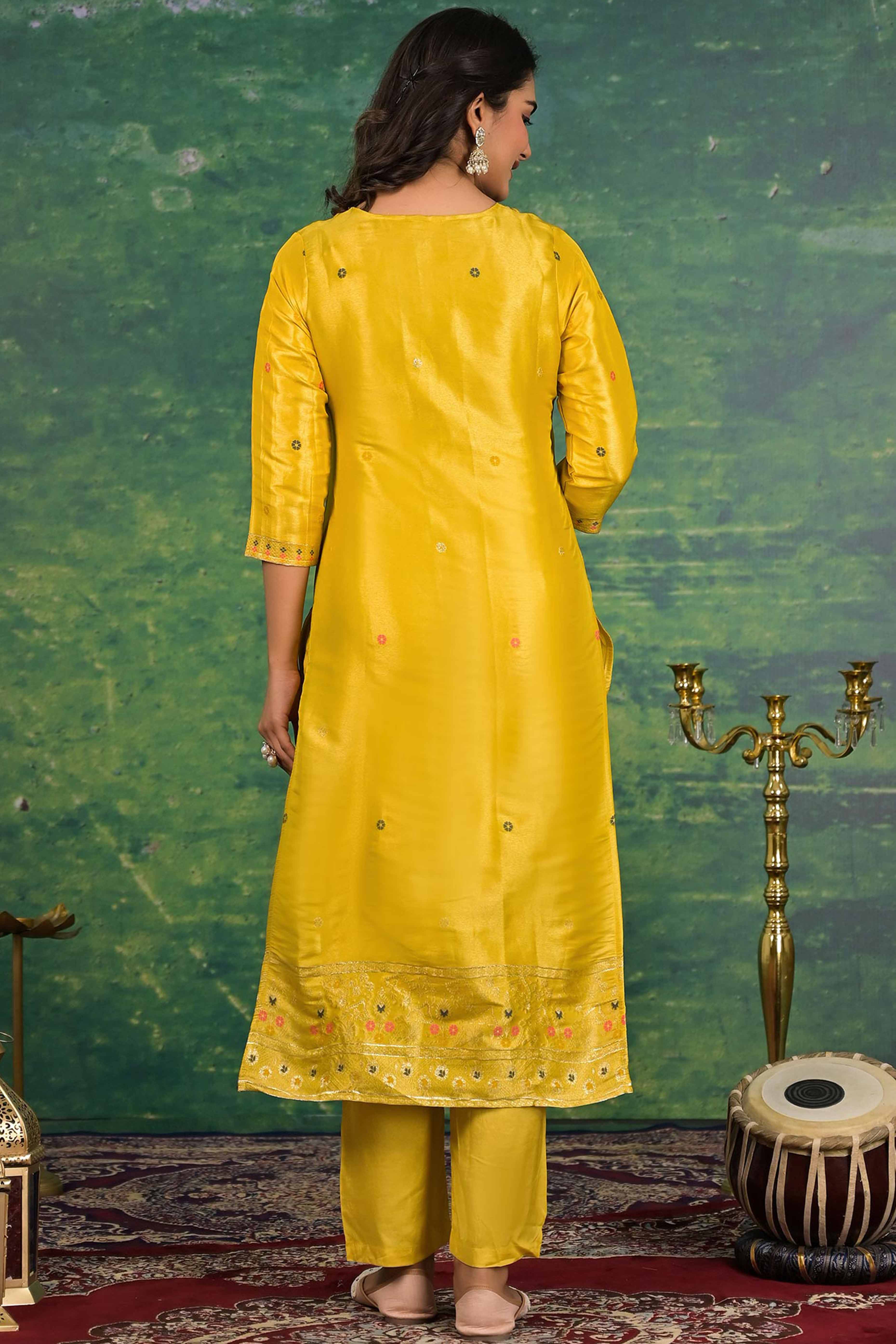 Mustard Floral Woven Dola Silk Salwar Suit