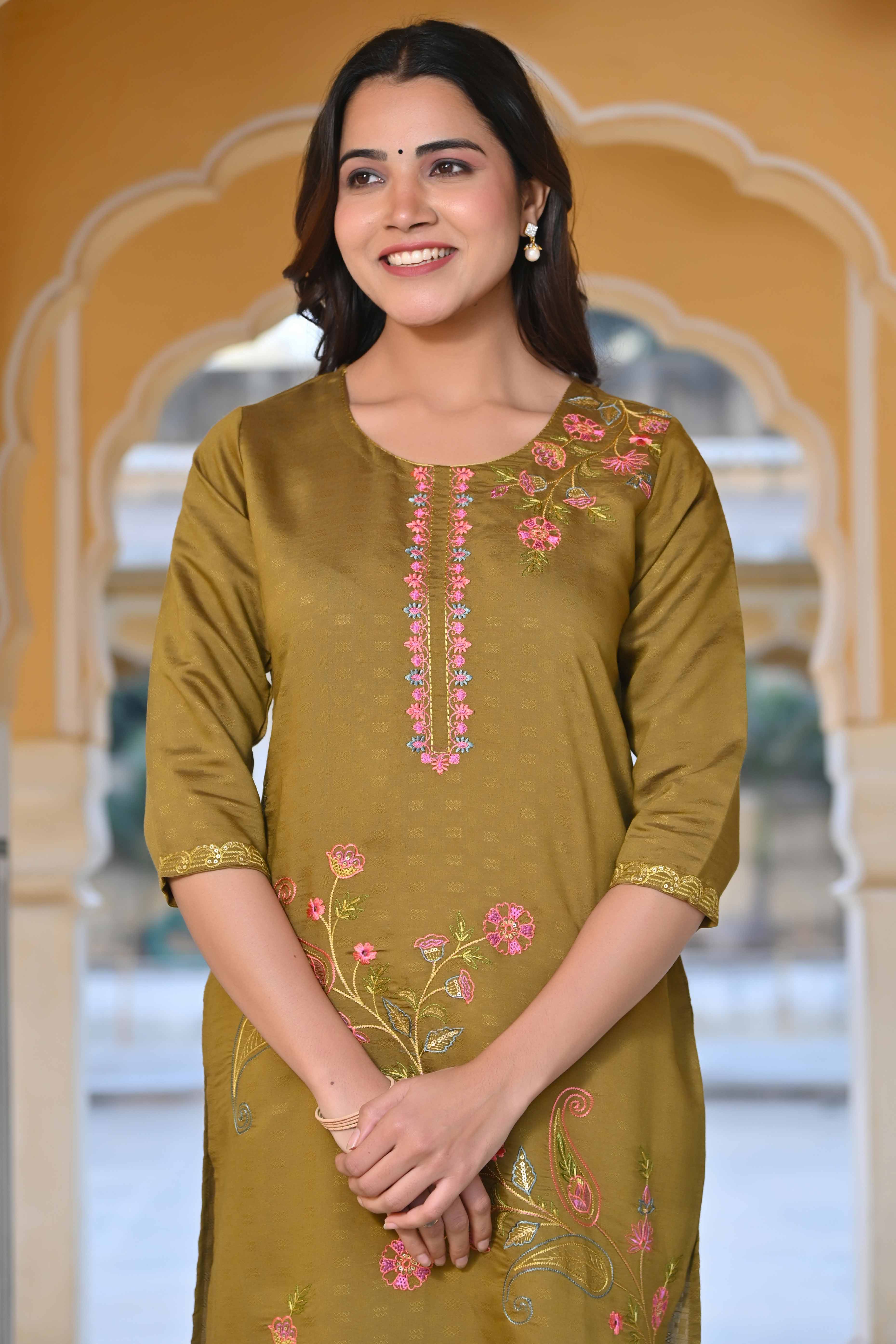 Olive Floral Embroidered Rayon Straight Kurti