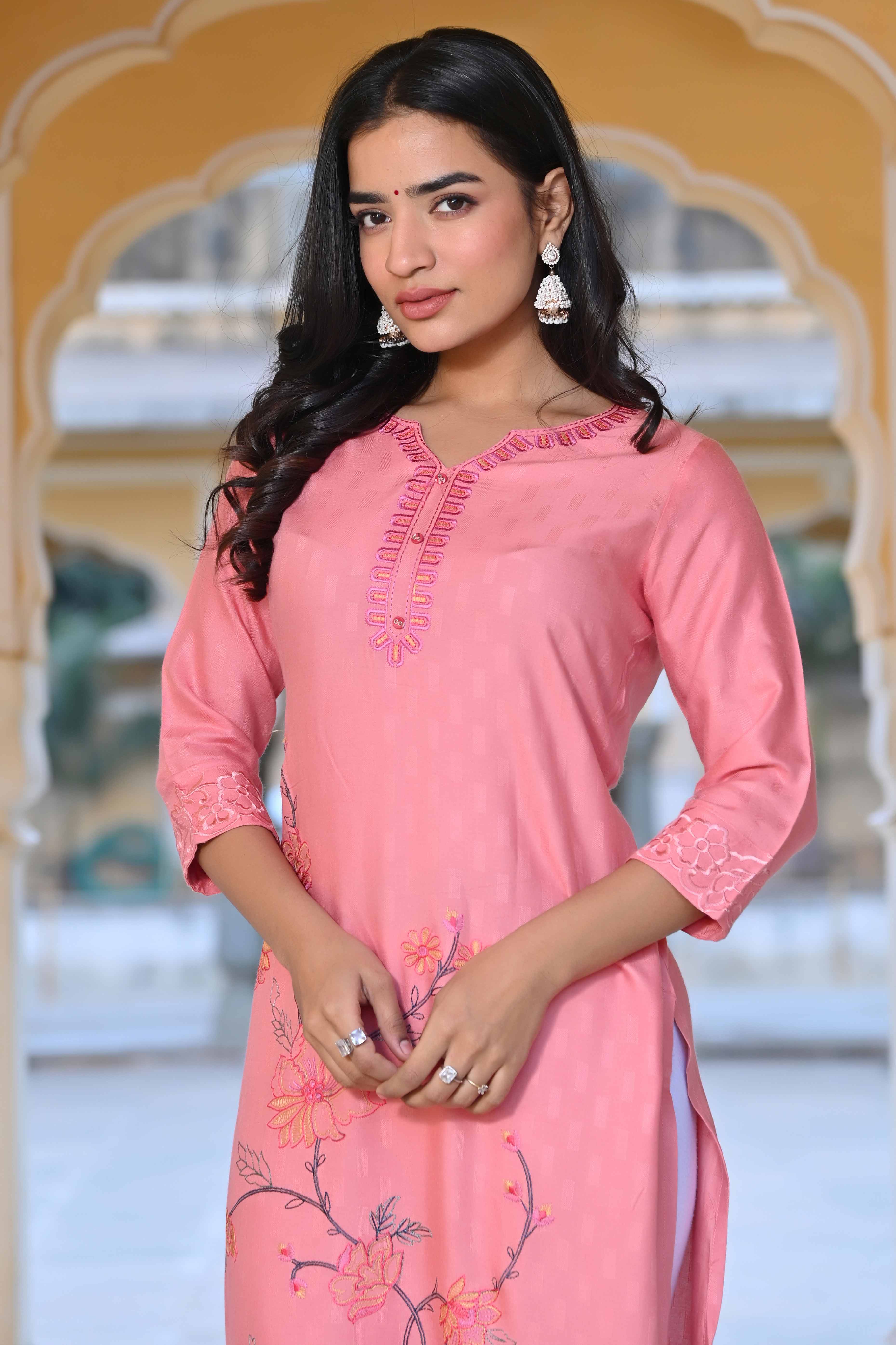 Peach Floral Embroidered Rayon Straight Kurti