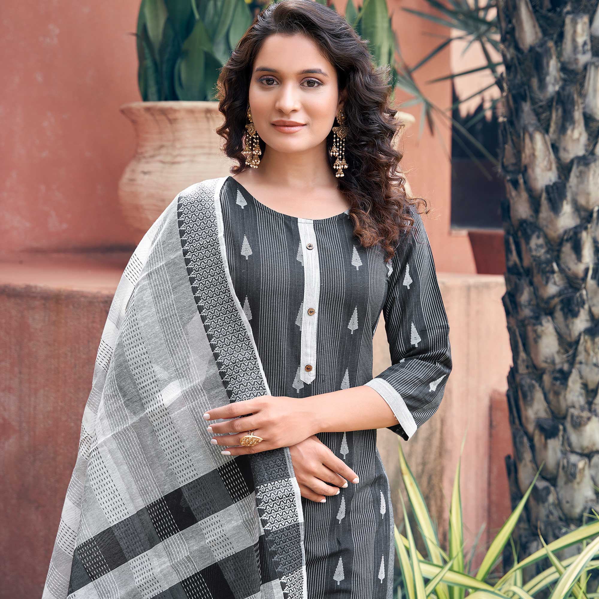 Black Woven Cotton Blend Salwar Suit