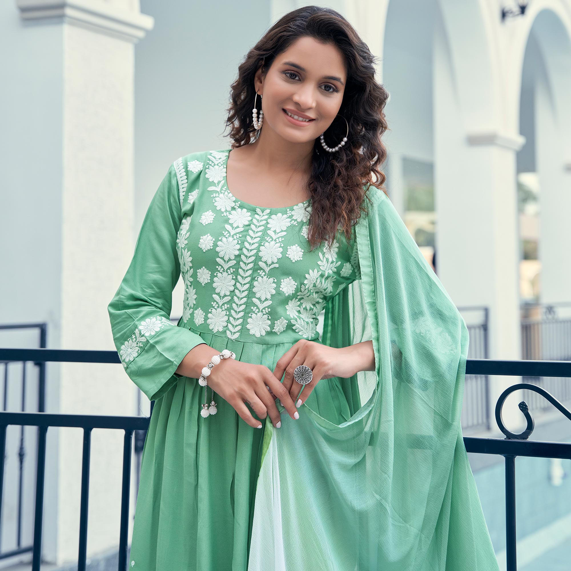 Pista Green Embroidered Rayon Salwar suit