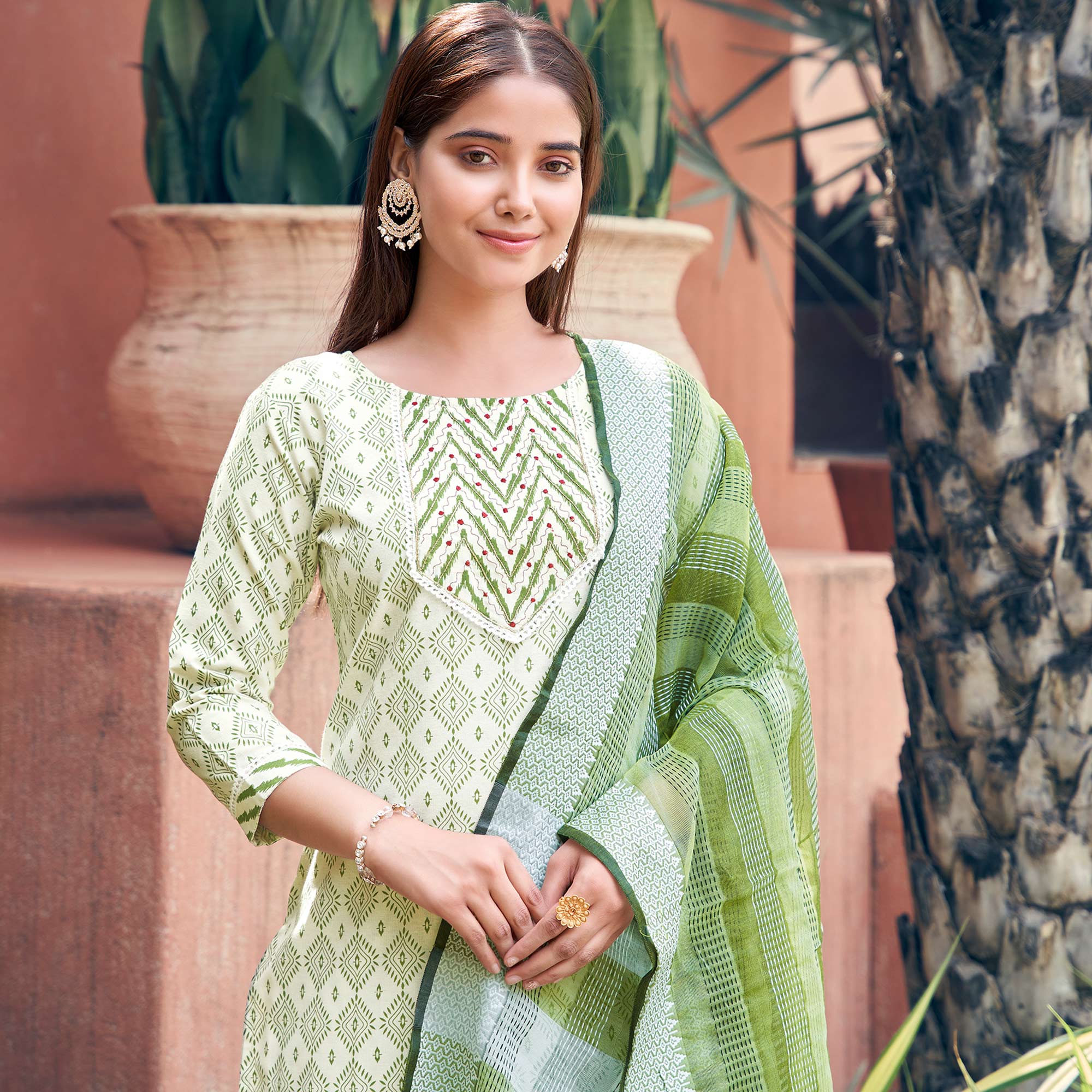 Off White & Green Printed Pure Cotton Salwar Suit