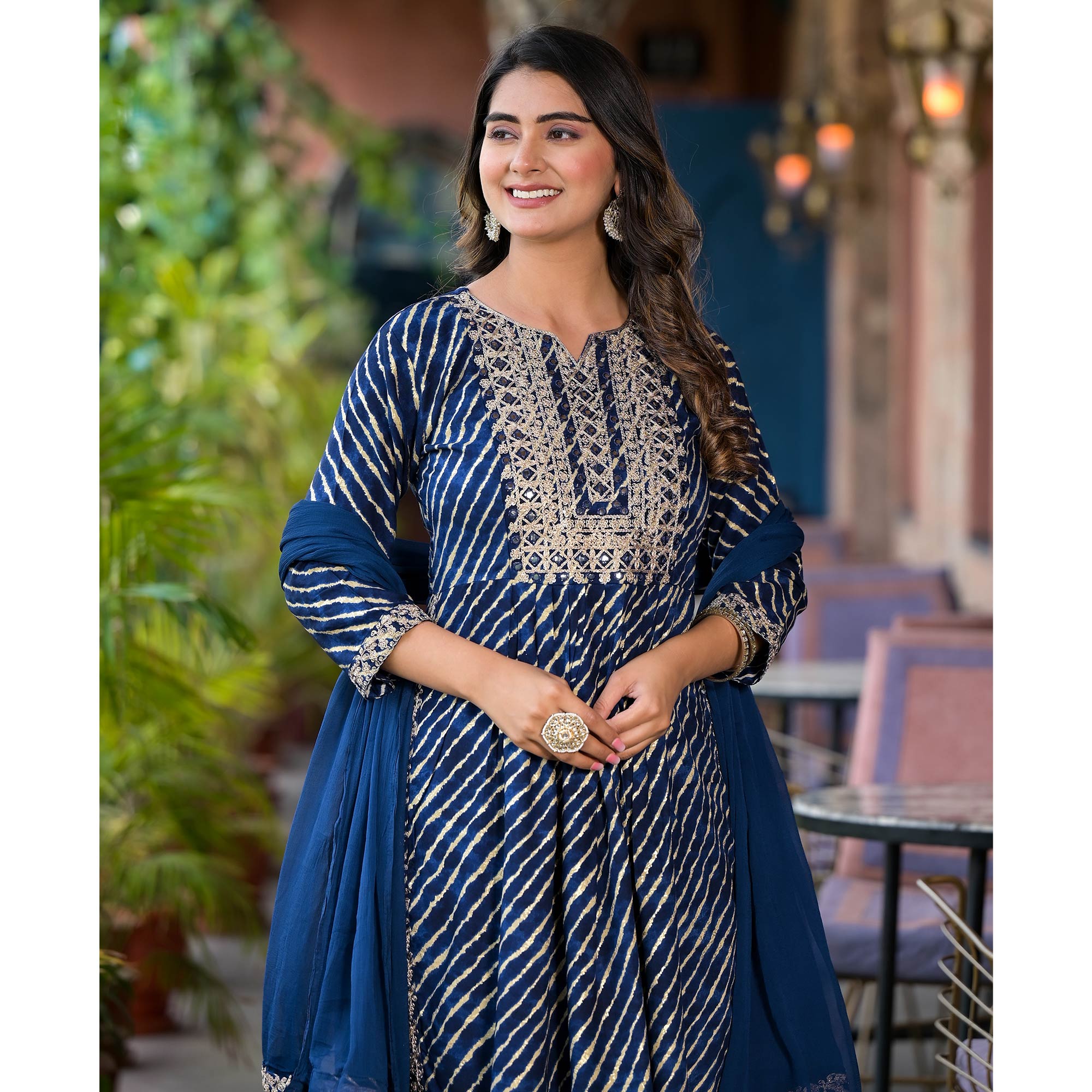 Navy Blue Leheriya Printed Naira Cut Rayon Salwar Suit