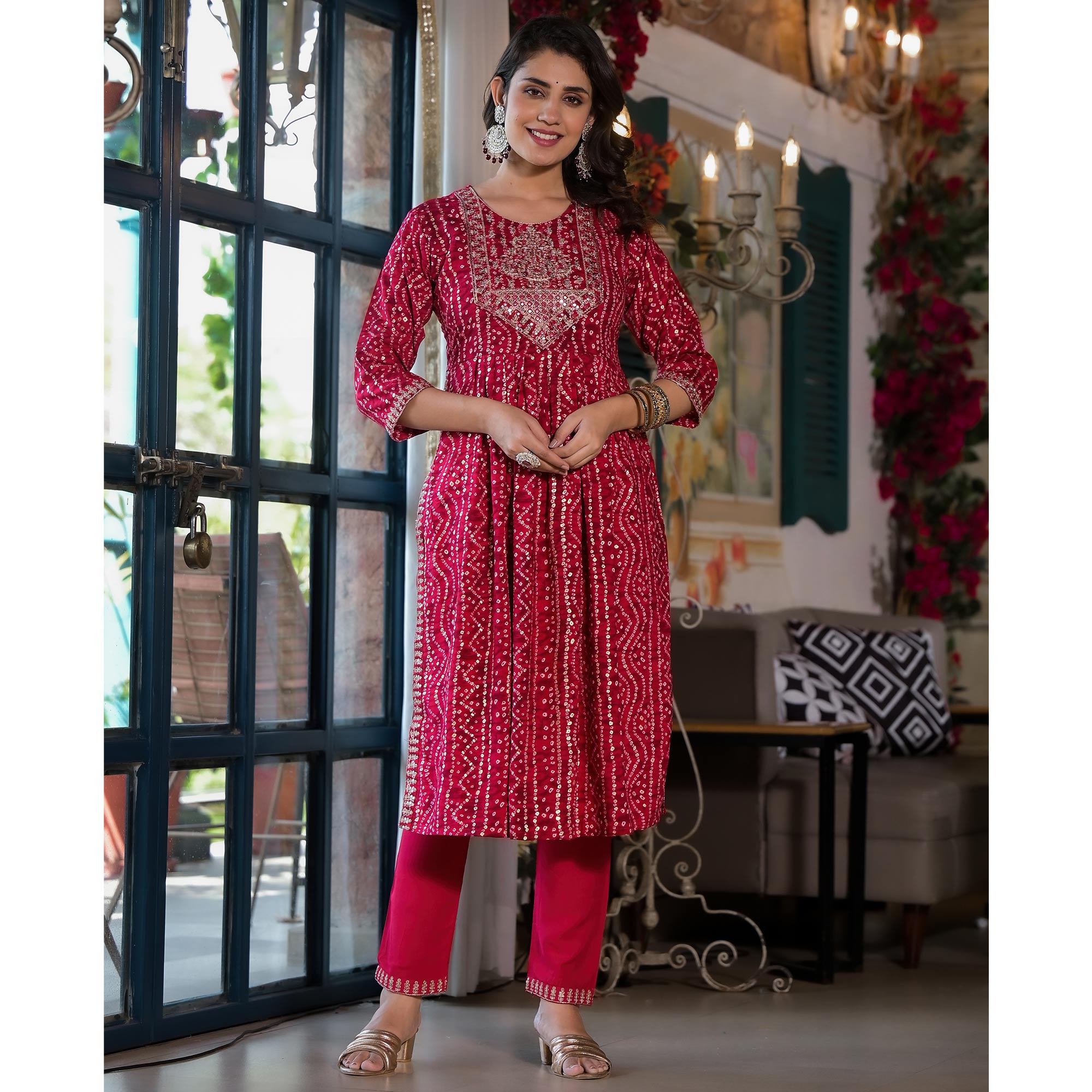 Pink Bandhani Printed Naira Cut Rayon Salwar Suit