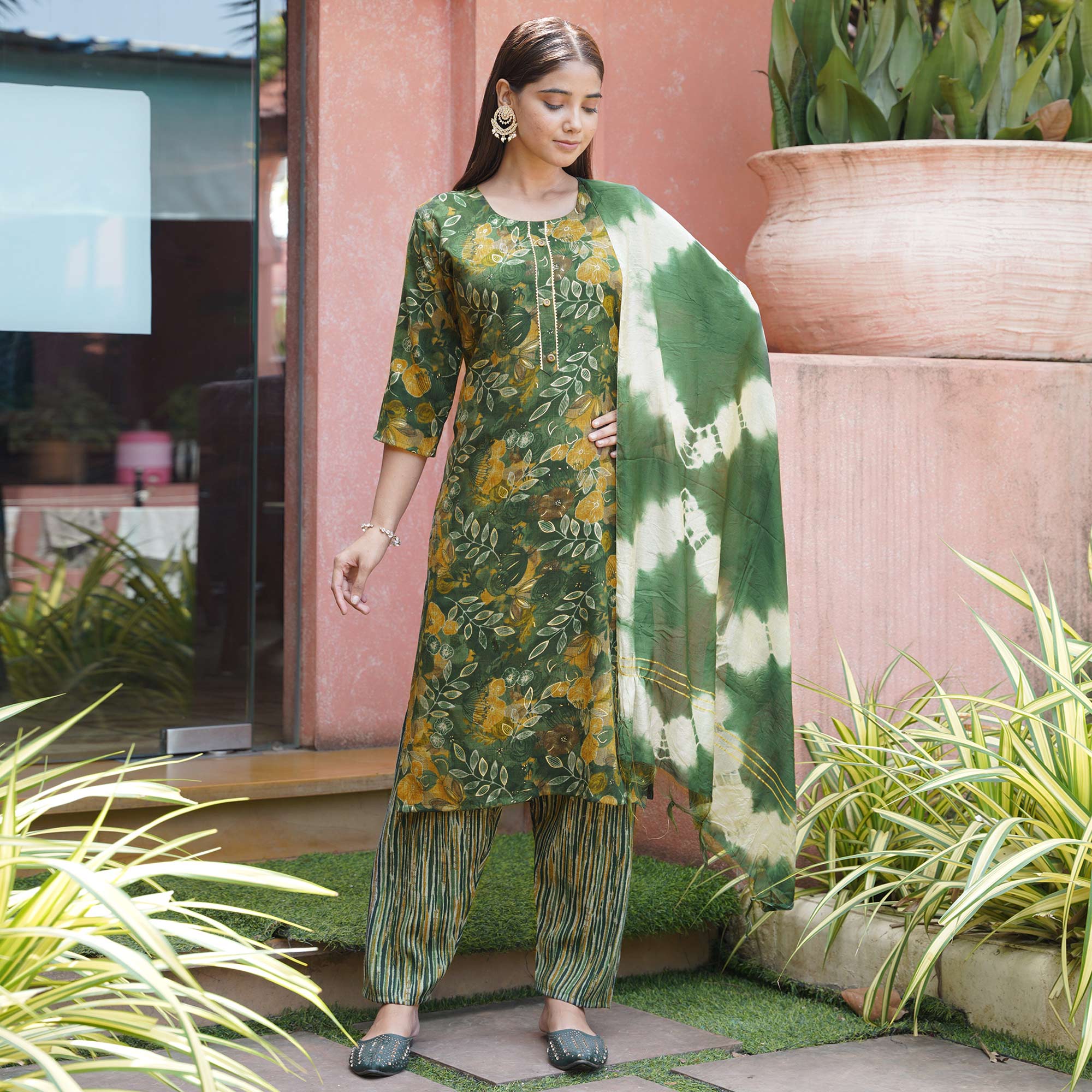 Green Floral Foil Printed Rayon Suit