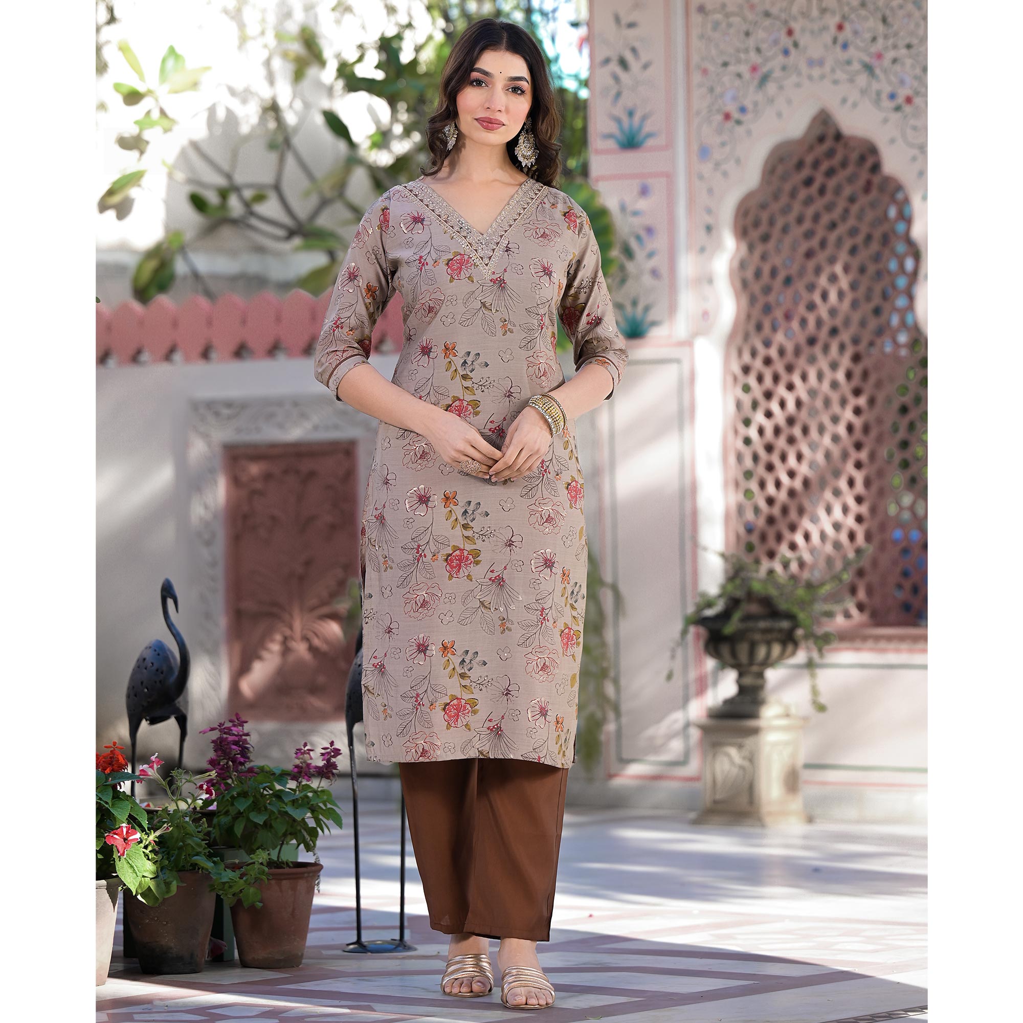 Chikoo Floral Foil Printed Chanderi Silk Straight Salwar Suit