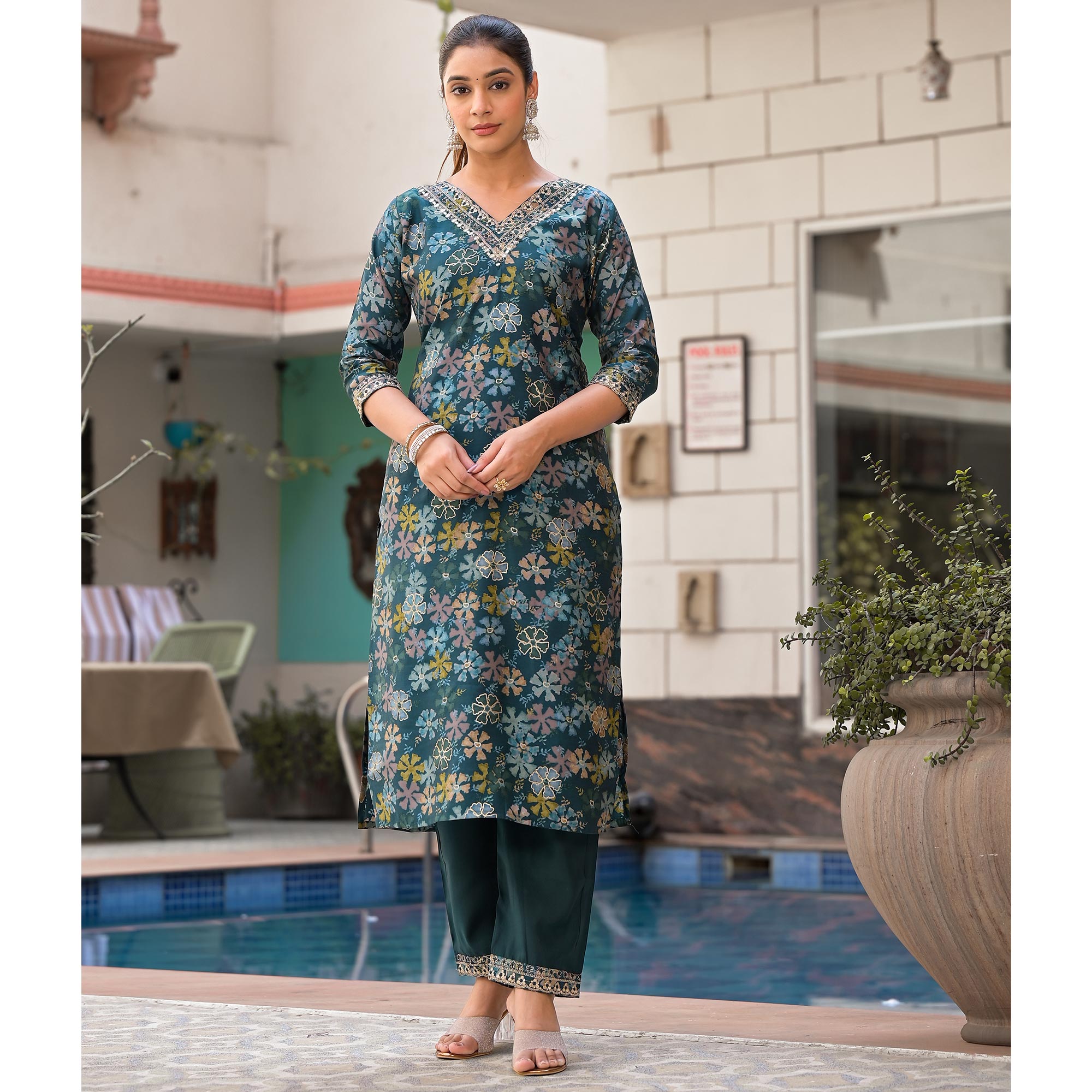 Teal Floral Foil Printed Chanderi Silk Salwar Suit