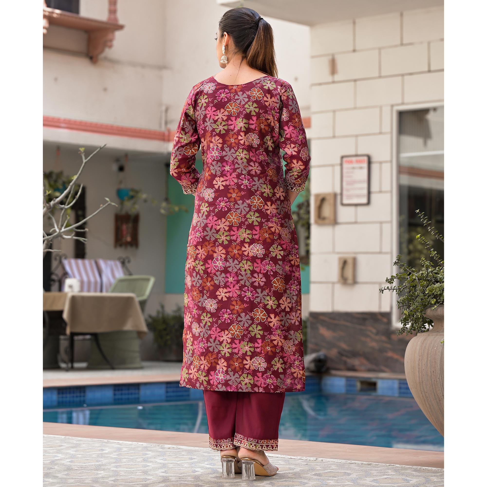 Wine Floral Foil Printed Chanderi Silk Salwar Suit