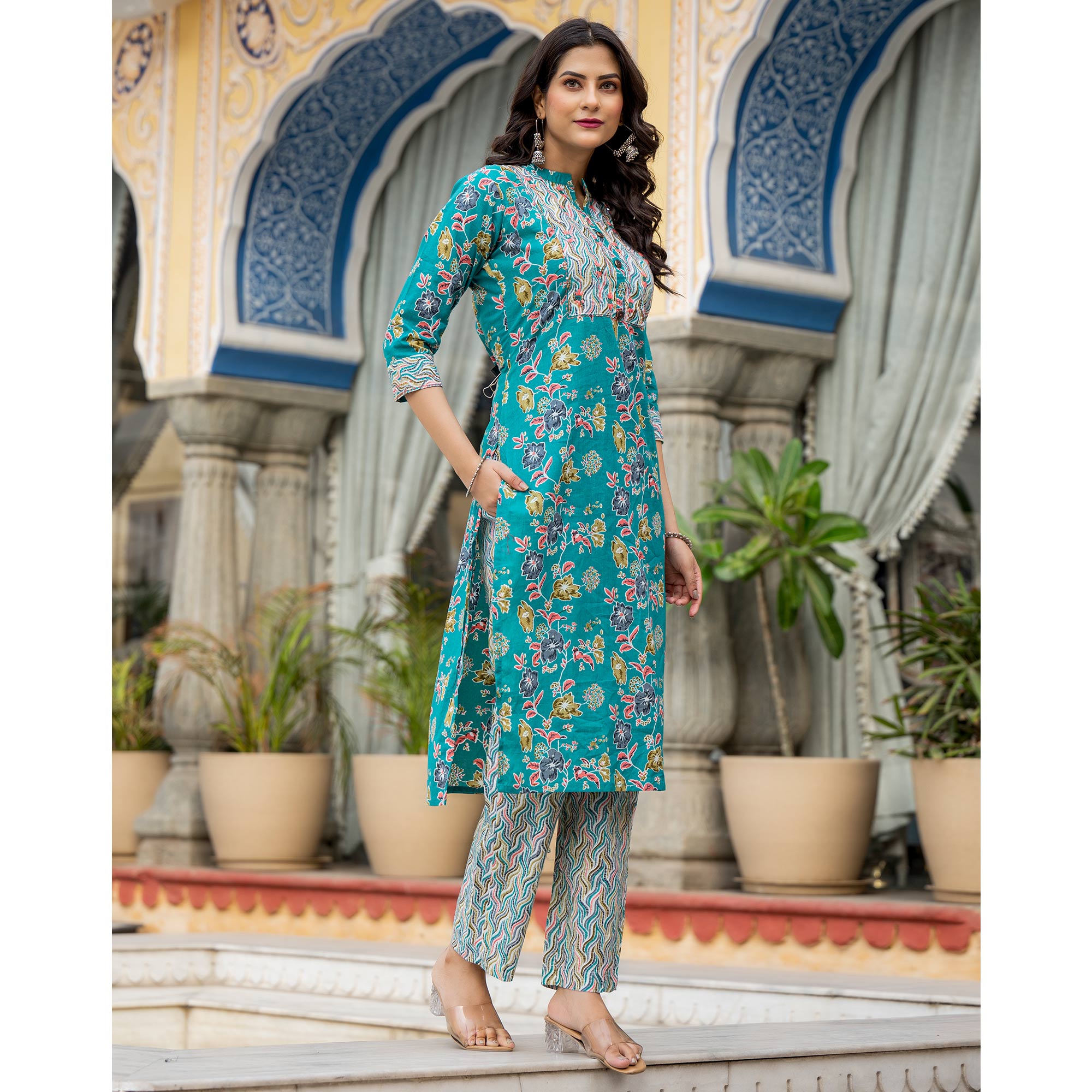 Turquoise Floral Printed Pure Cotton Straight Salwar Suit