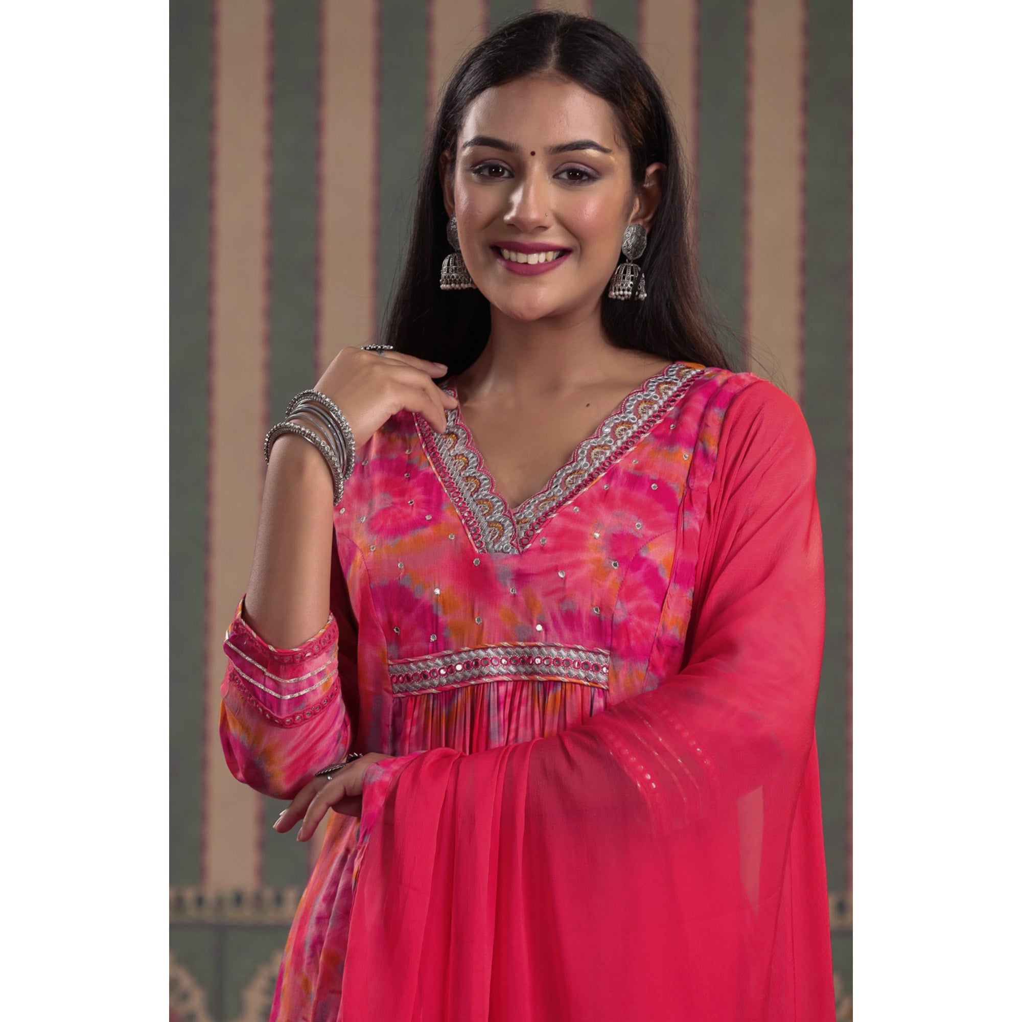 Peach & Pink Printed With Embroidered Chiffon Anarkali Suit