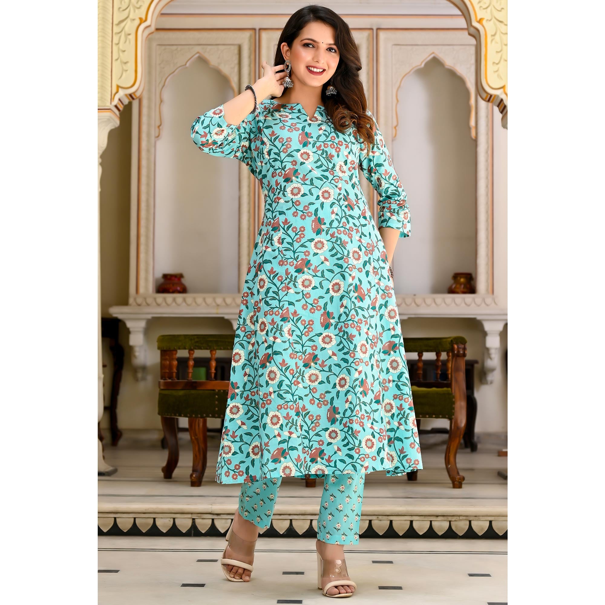 Aqua Blue Floral Printed Pure Cotton A Line Suit