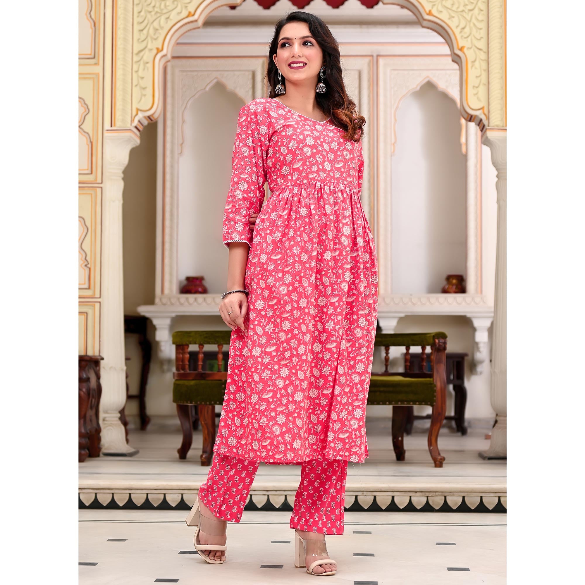 Pink Floral Printed Pure Cotton Anarkali Suit