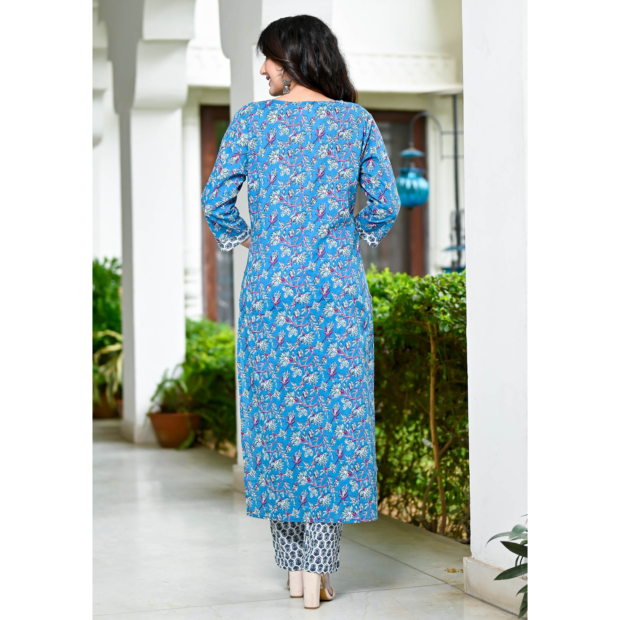 Blue Floral Printed Pure Cotton Salwar Suit