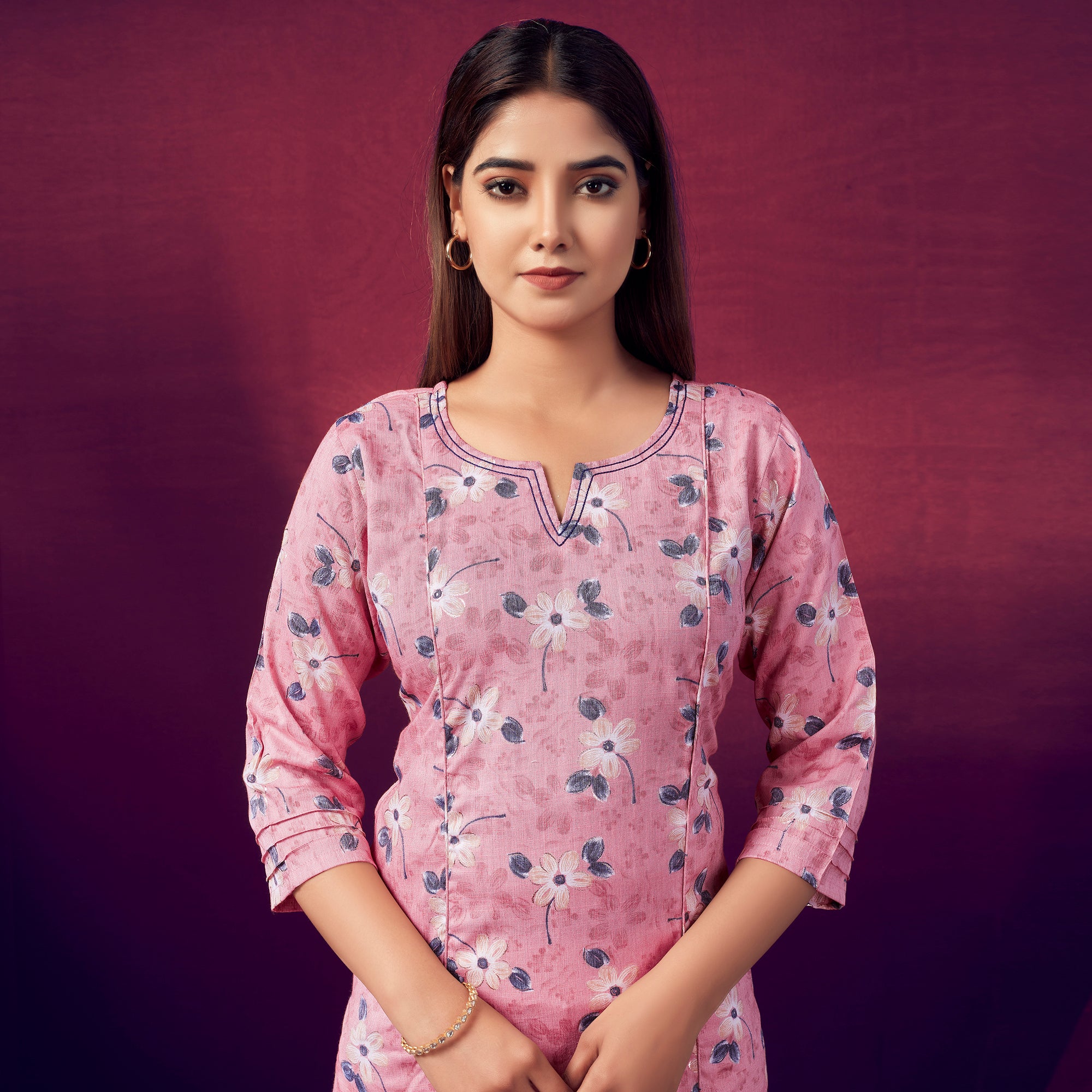 Pink Floral Foil Printed Rayon Kurti