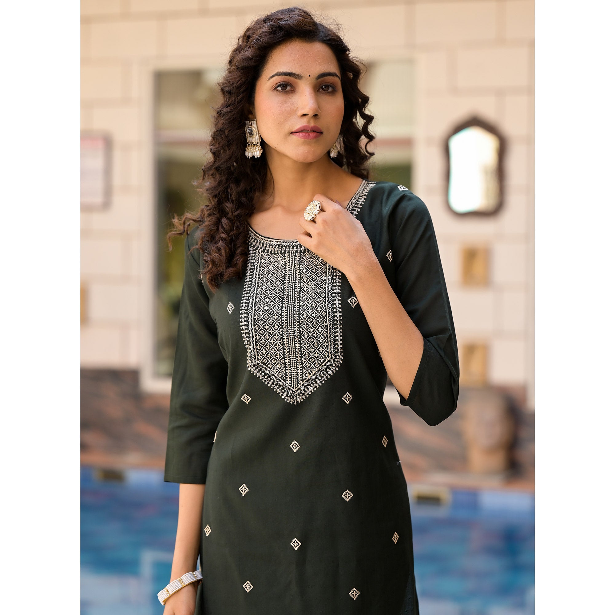 Olive Green Embroidered Viscose Straight Kurti Sets