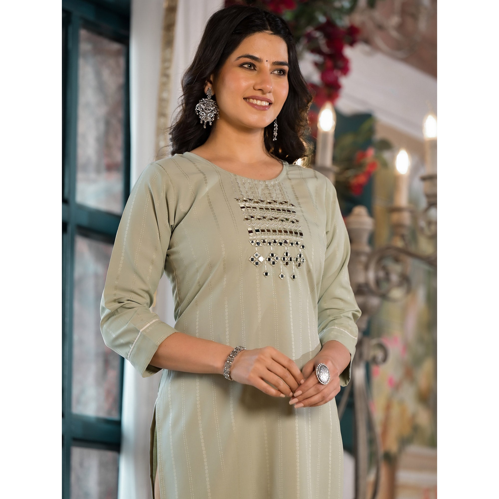 Sea Green Striped Embroidered Rayon Straight Kurti