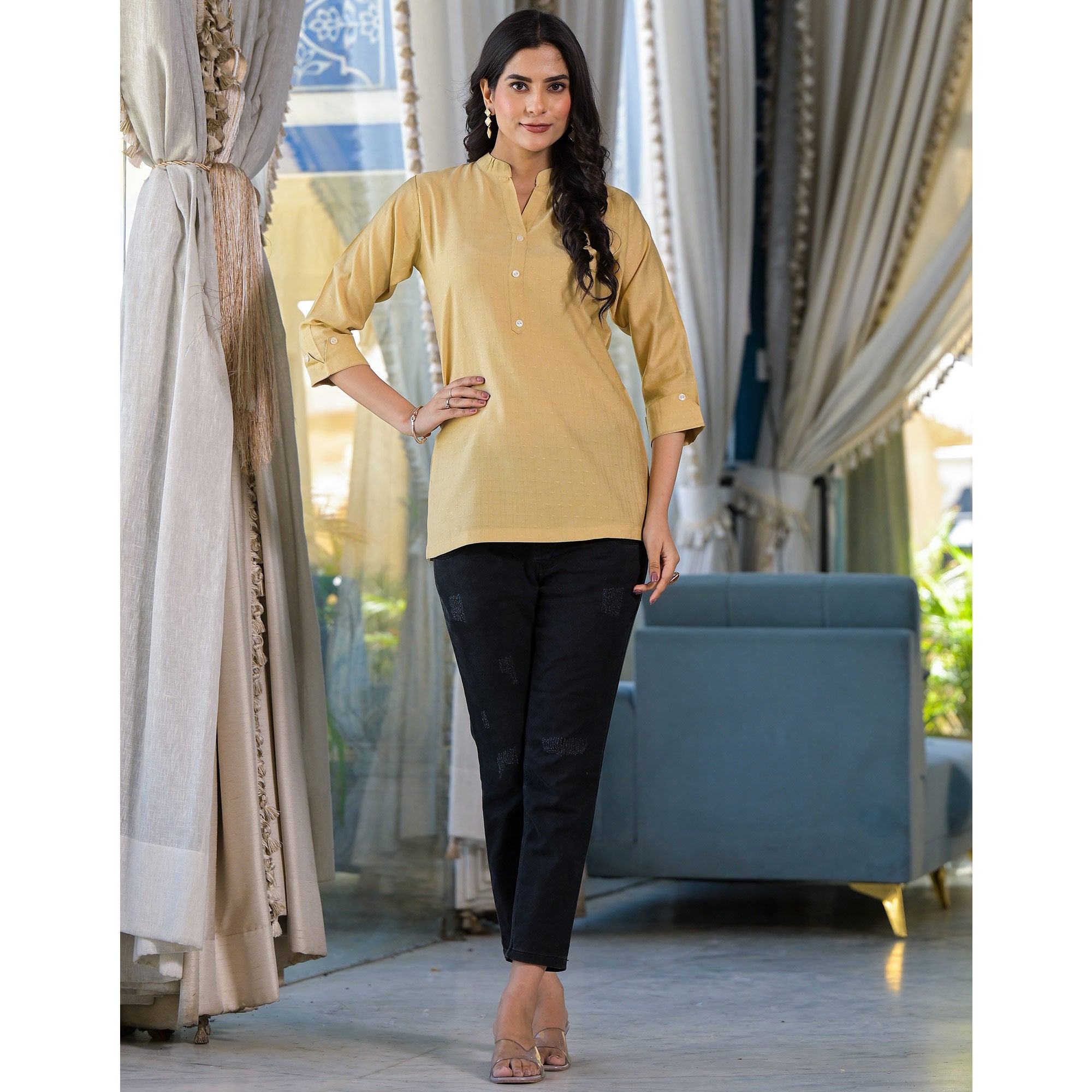 Beige Solid Cotton Silk Straight Top