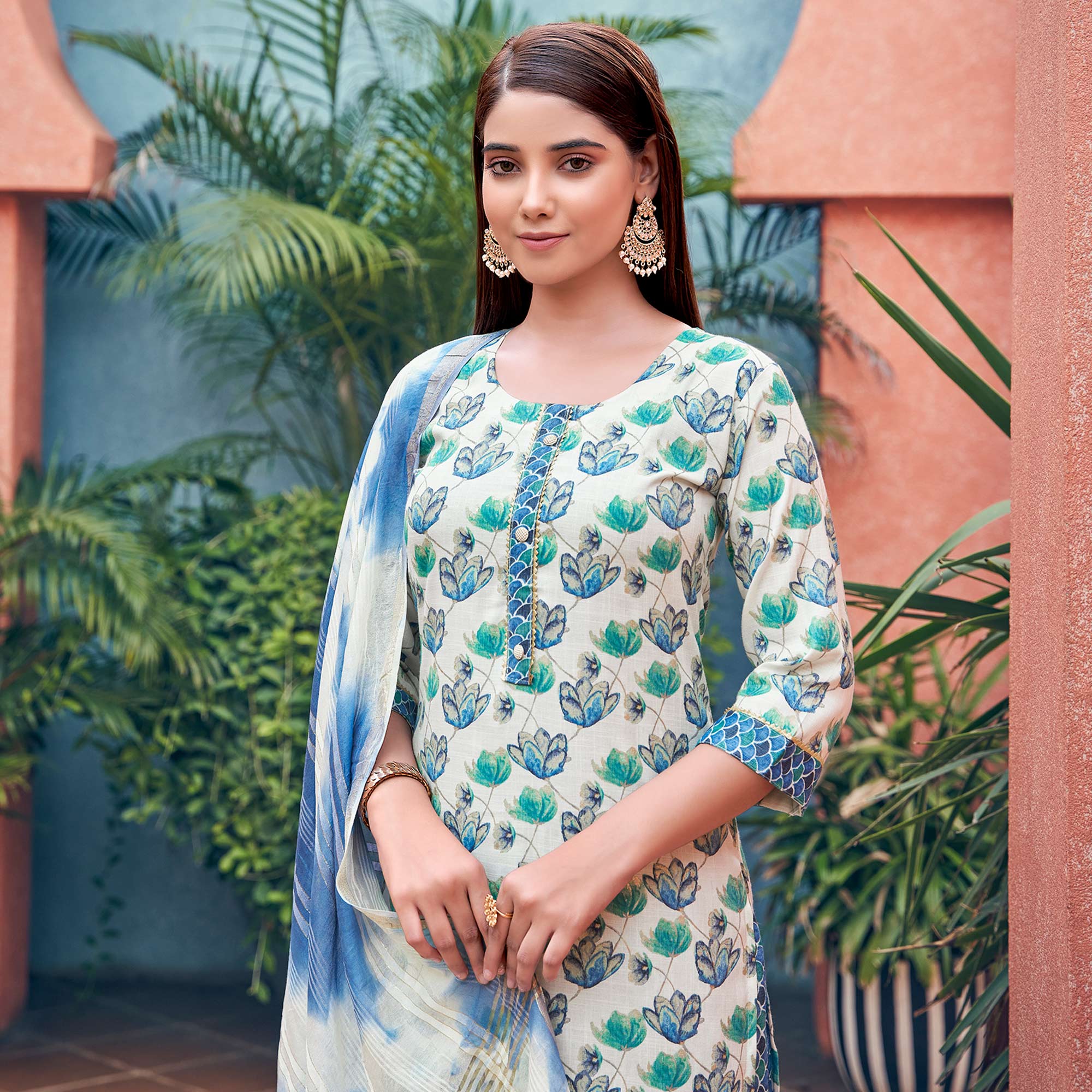 White & Blue Floral Foil Printed Pure Cotton Suit