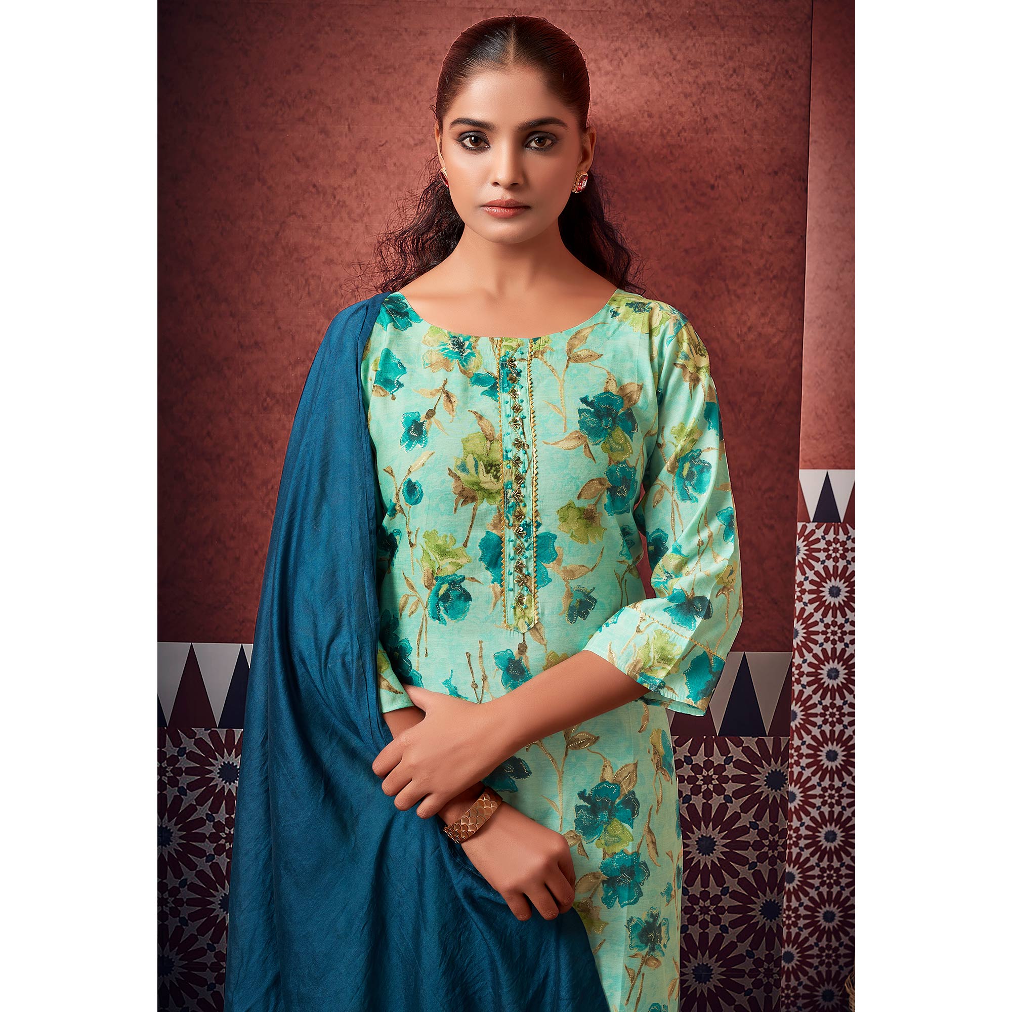 Turquoise Floral Foil Printed Modal Suit