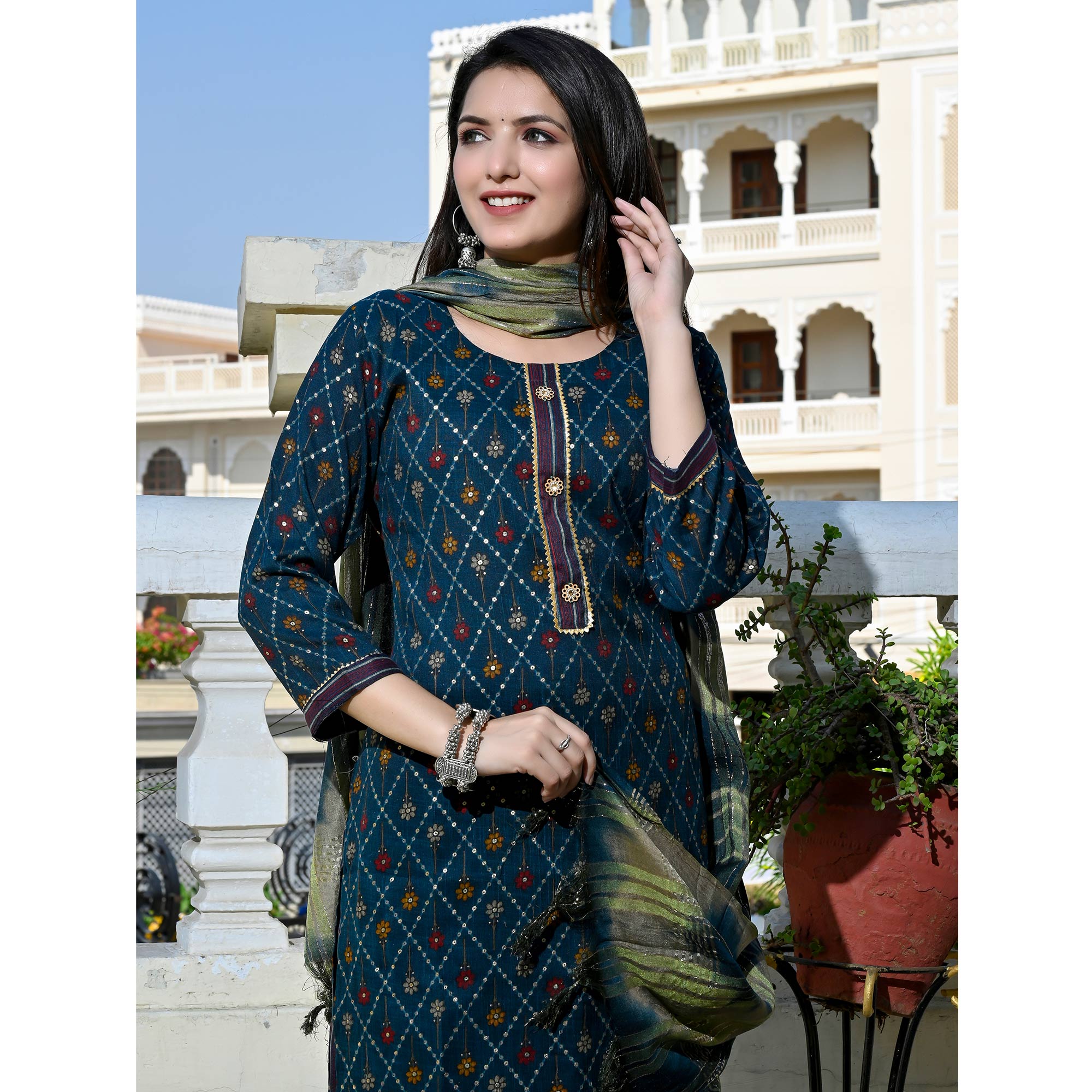 Blue Foil Printed Rayon Suit