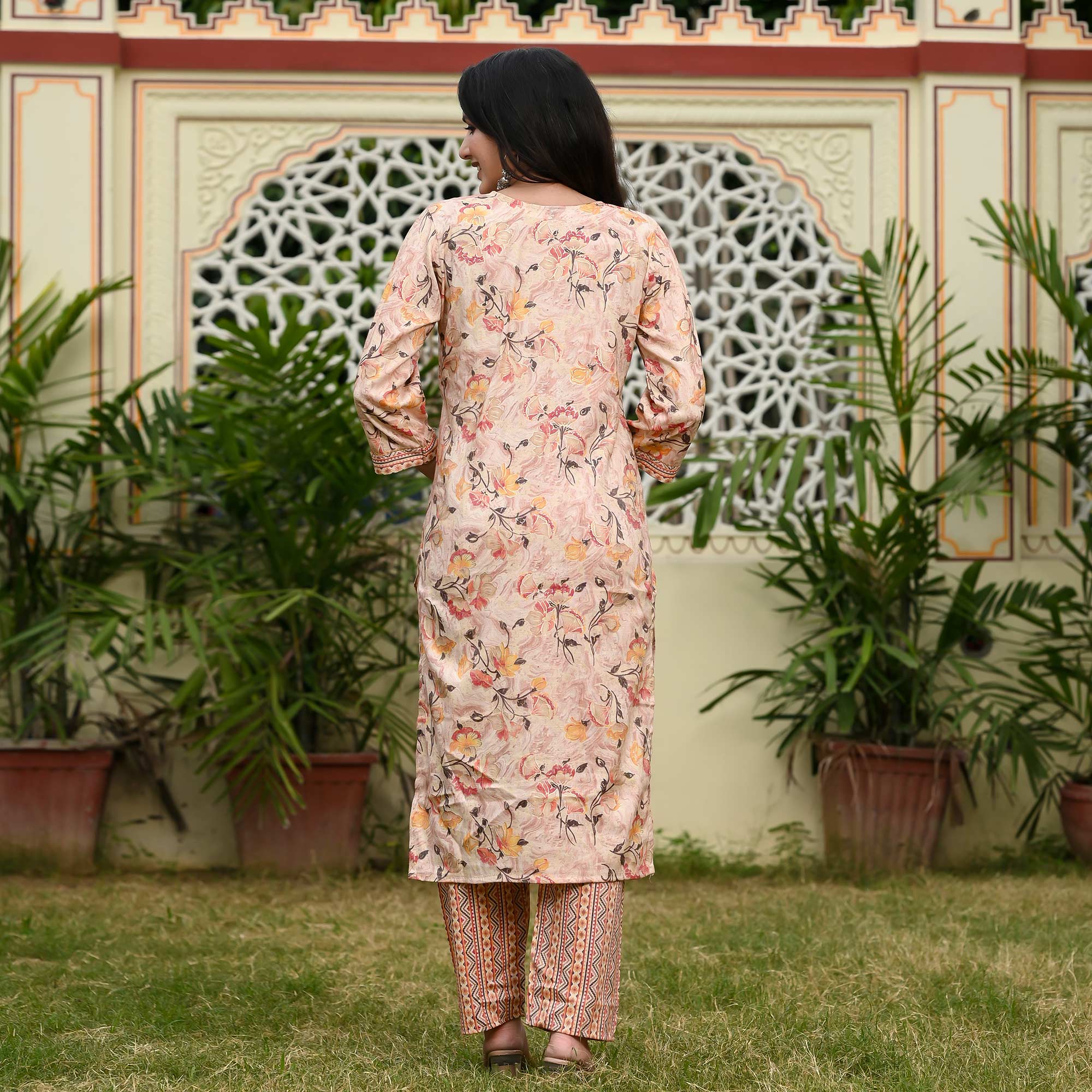 Peach Printed Rayon Suit