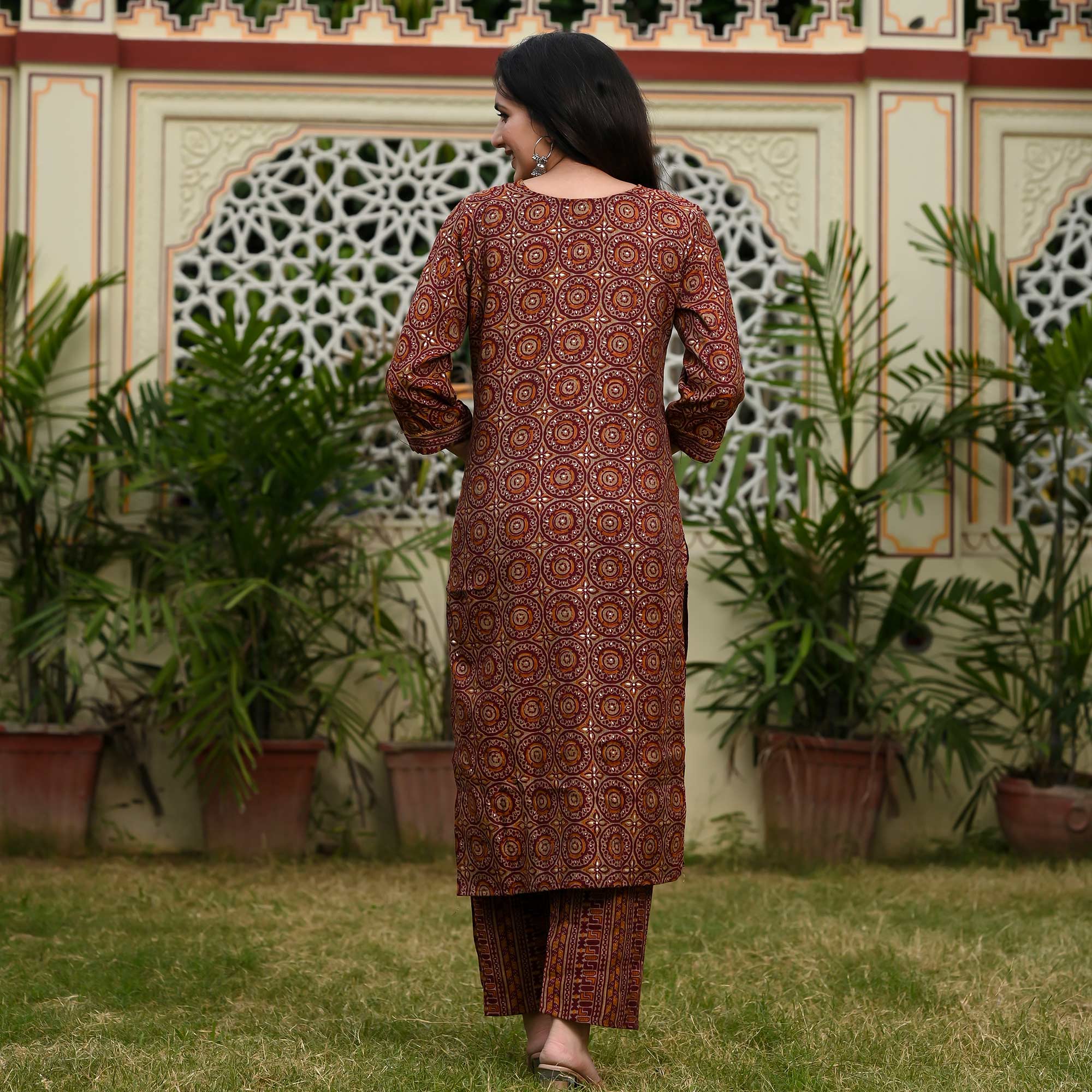 Maroon Printed Rayon Suit