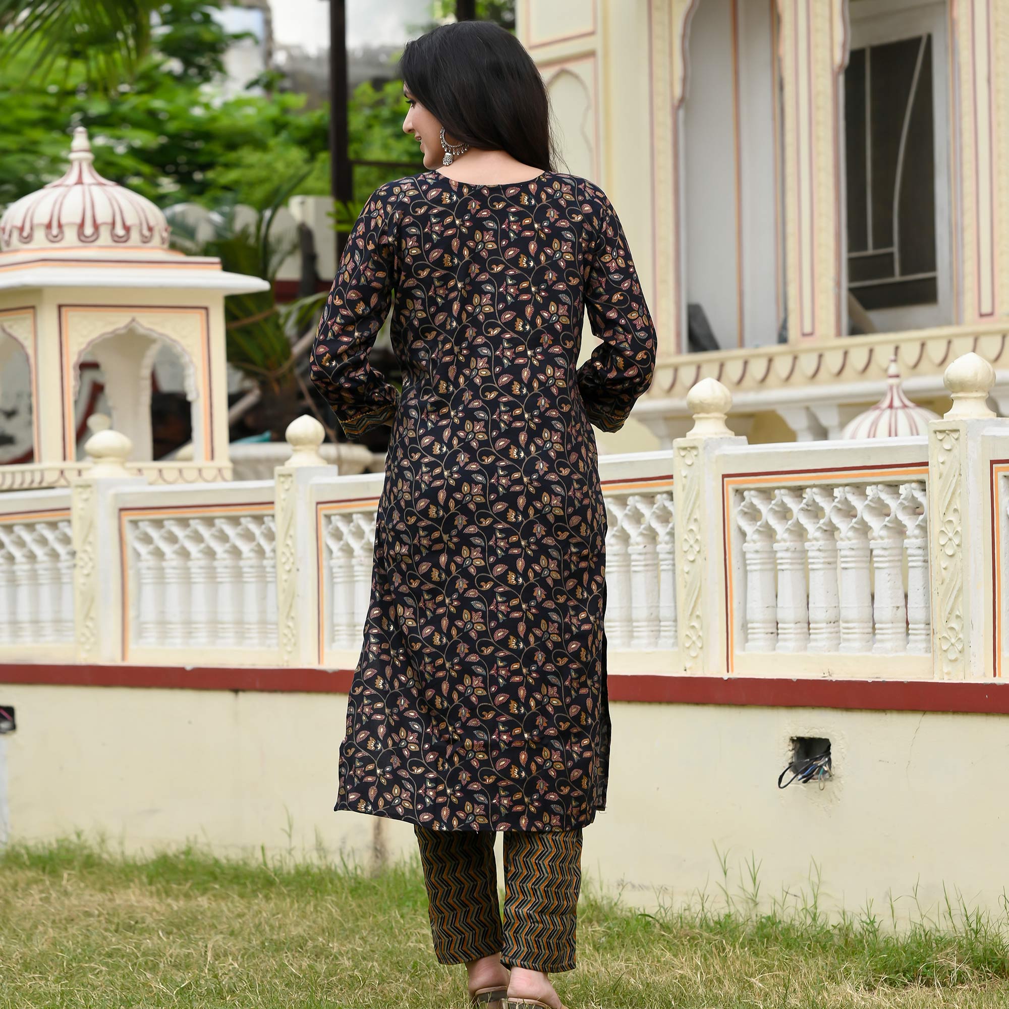 Black Floral Printed Rayon Suit