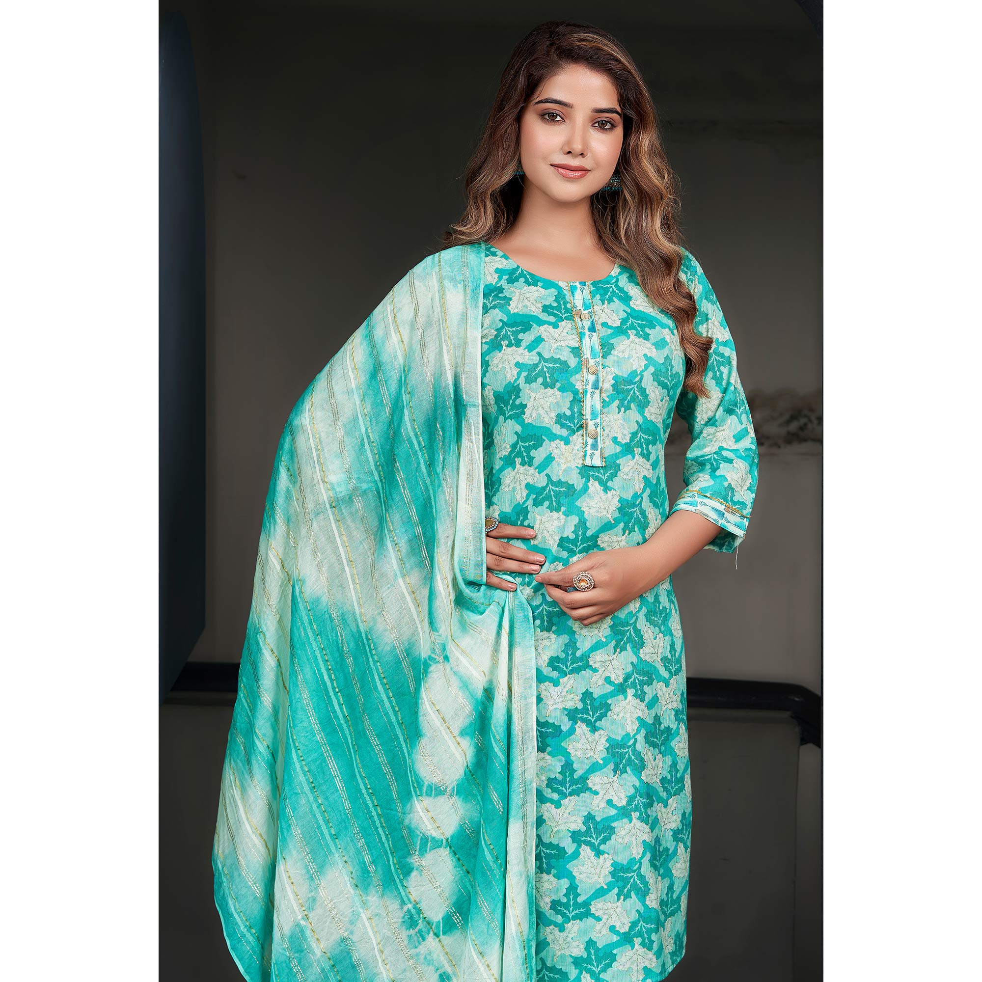 Turquoise Foil Printed Rayon Salwar Suit