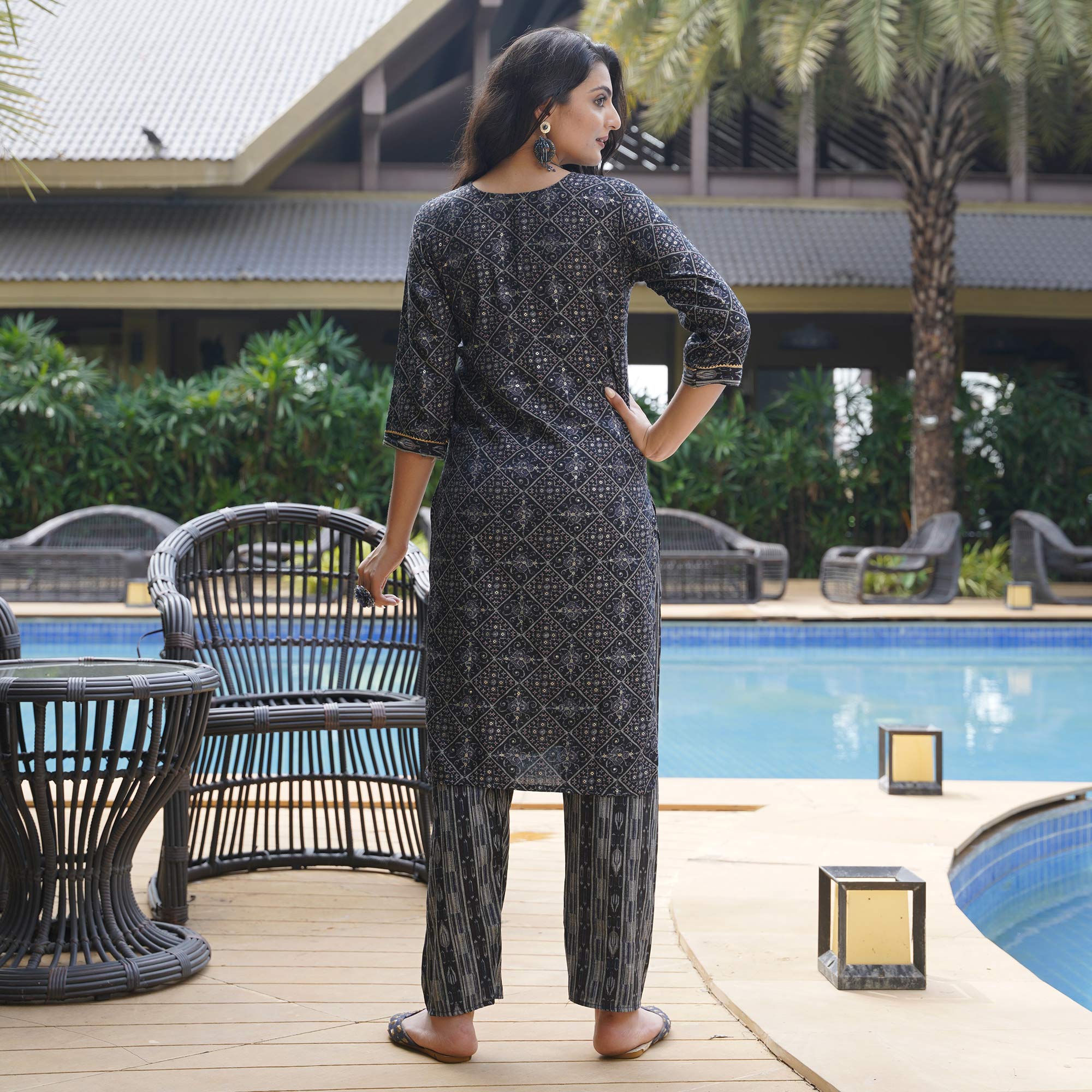 Black Foil Printed Rayon Suit