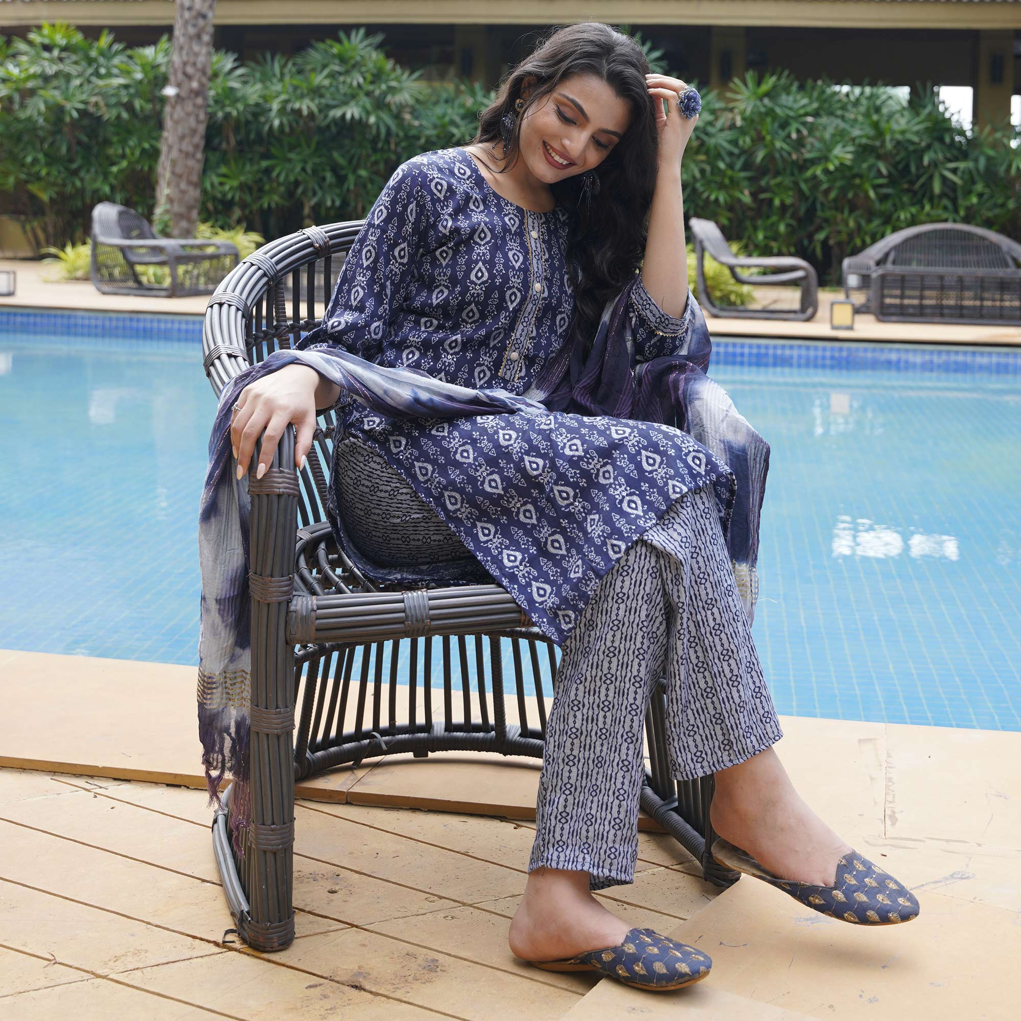 Navy Blue Foil Printed Rayon Suit