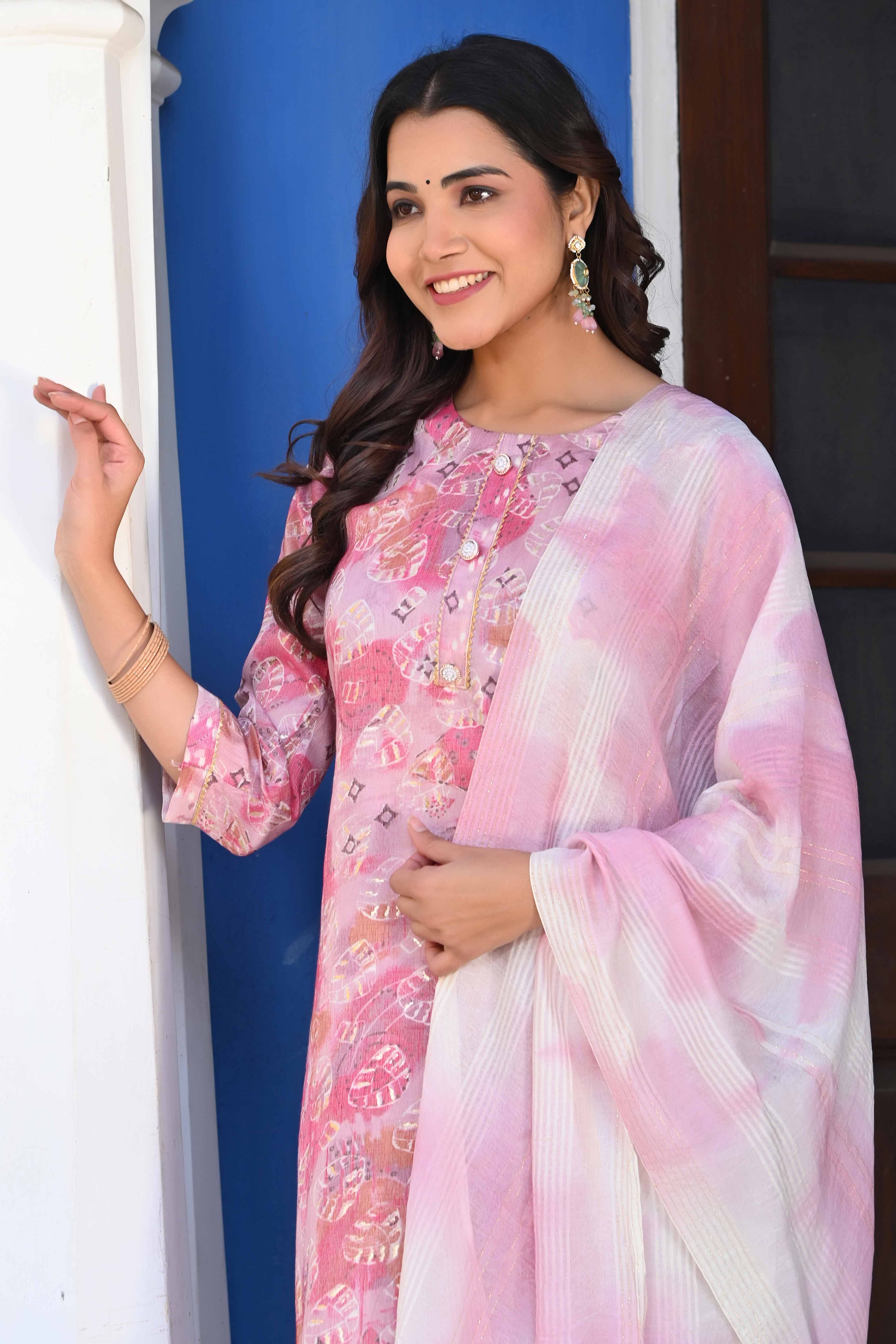 Baby Pink Floral Foil Printed Rayon Salwar Suit
