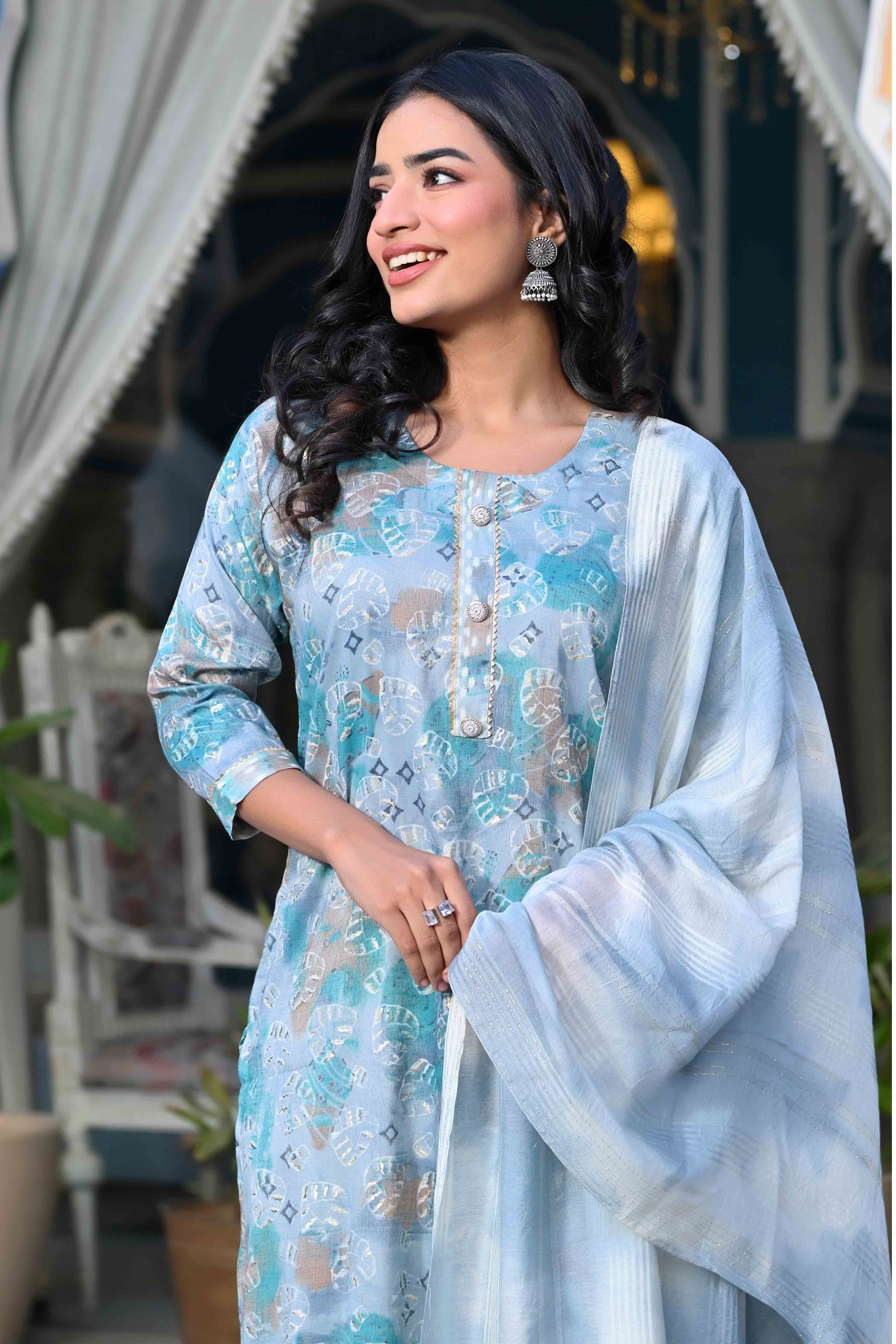Grey & Turquoise Floral Foil Printed Rayon Salwar Suit