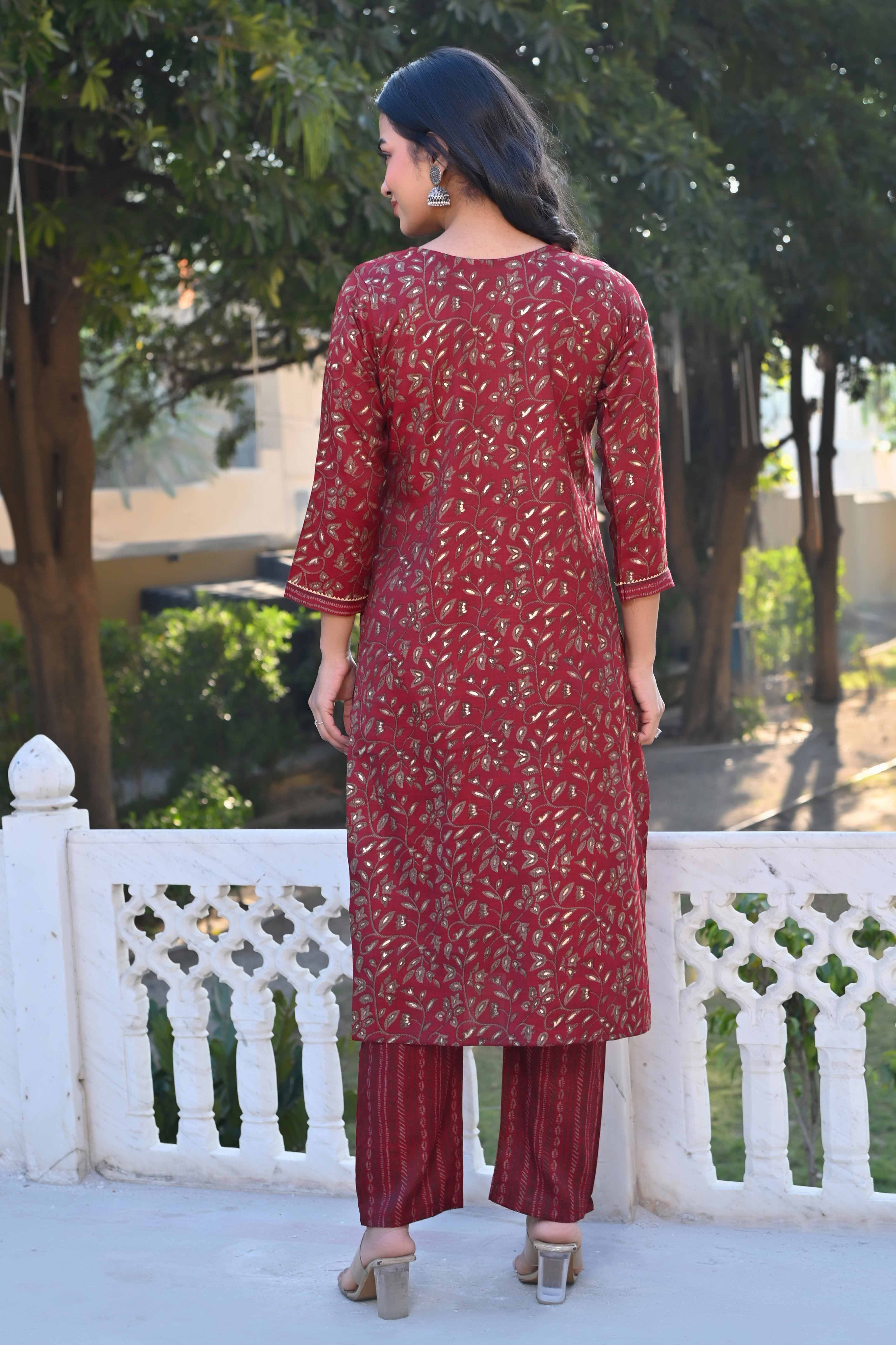 Red Floral Foil Printed Rayon Salwar Suit