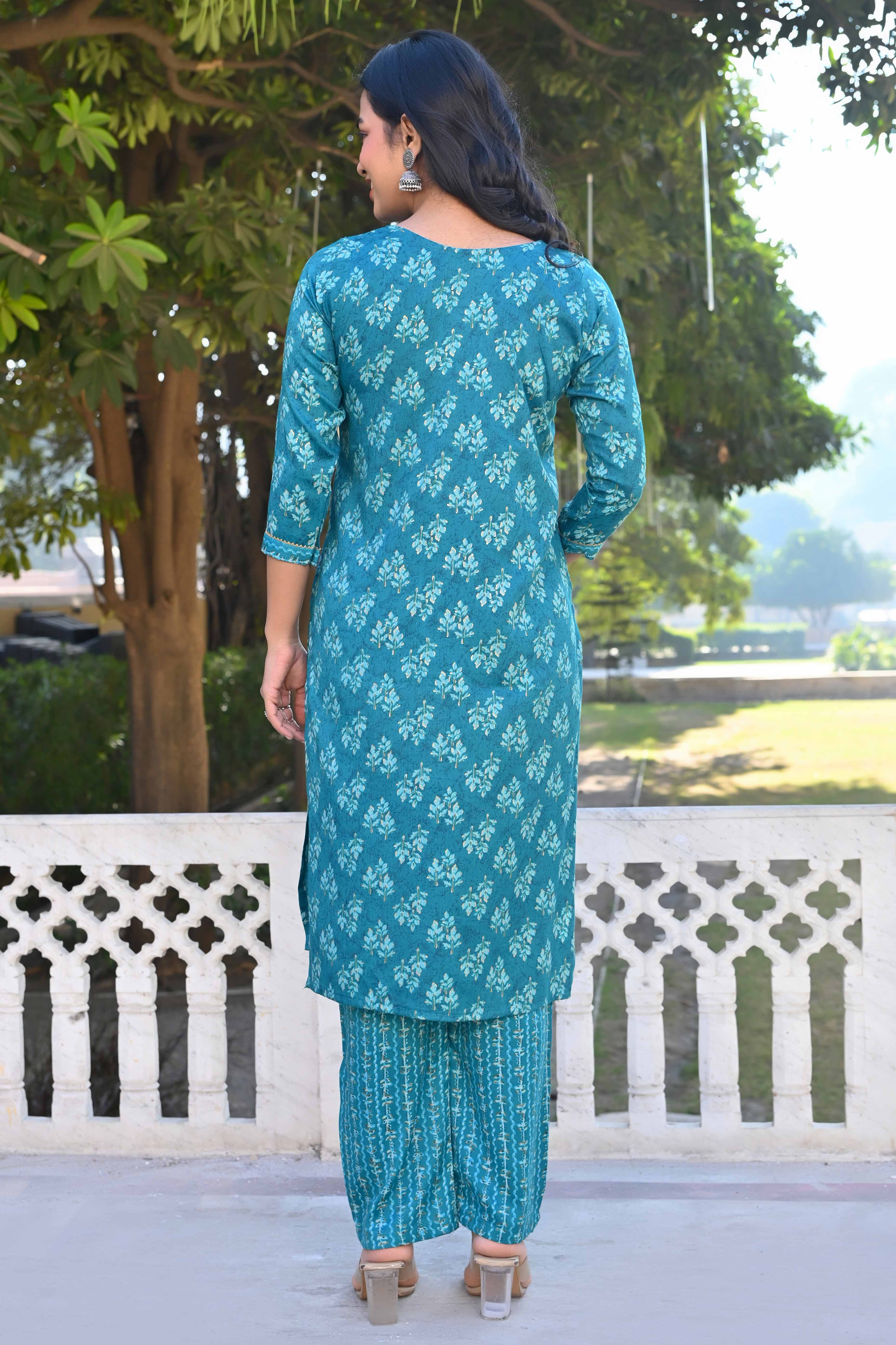 Turquoise Floral Foil Printed Rayon Salwar Suit