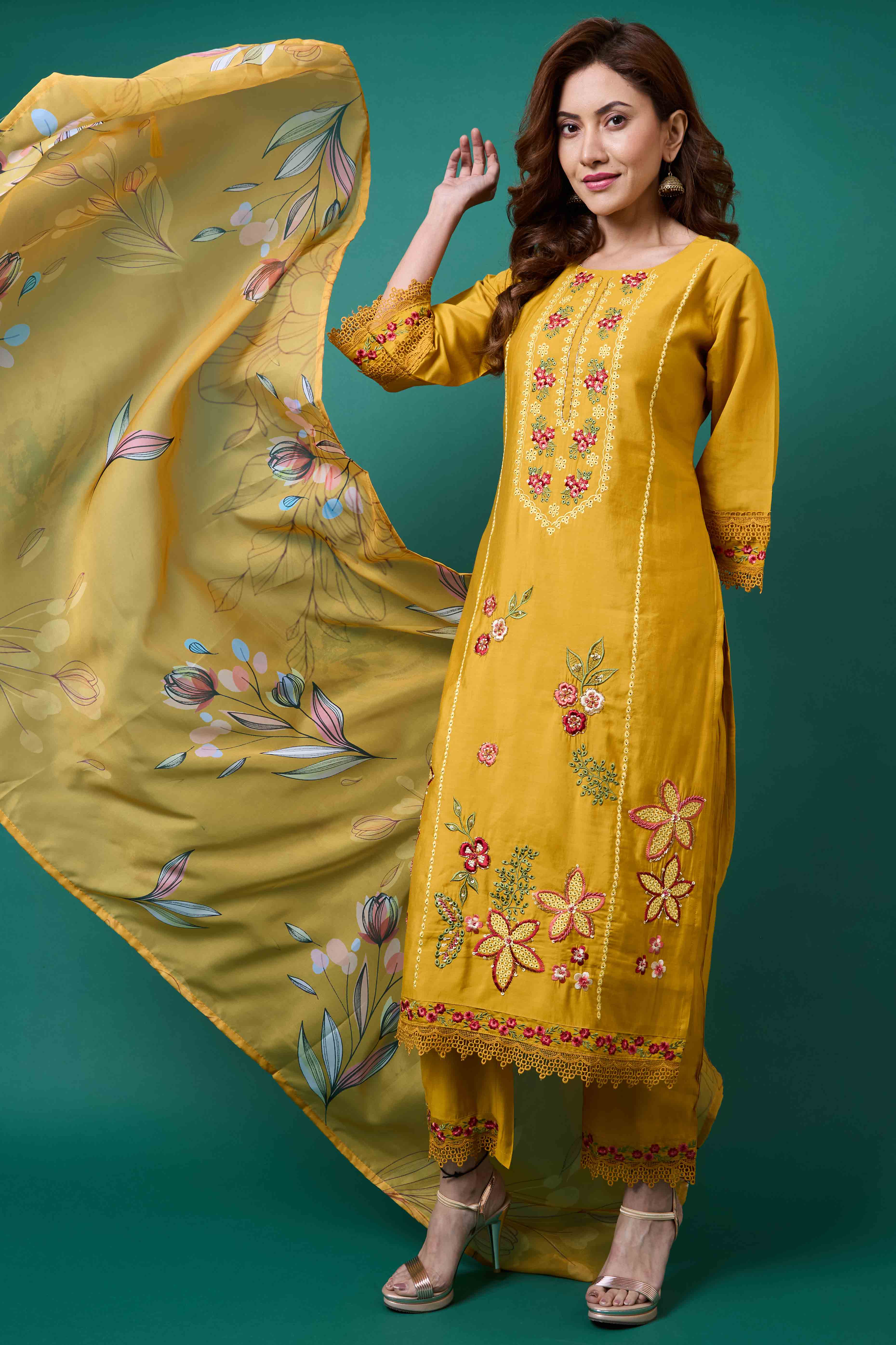 Mustard Floral Embroidered Chanderi Silk Salwar Suit