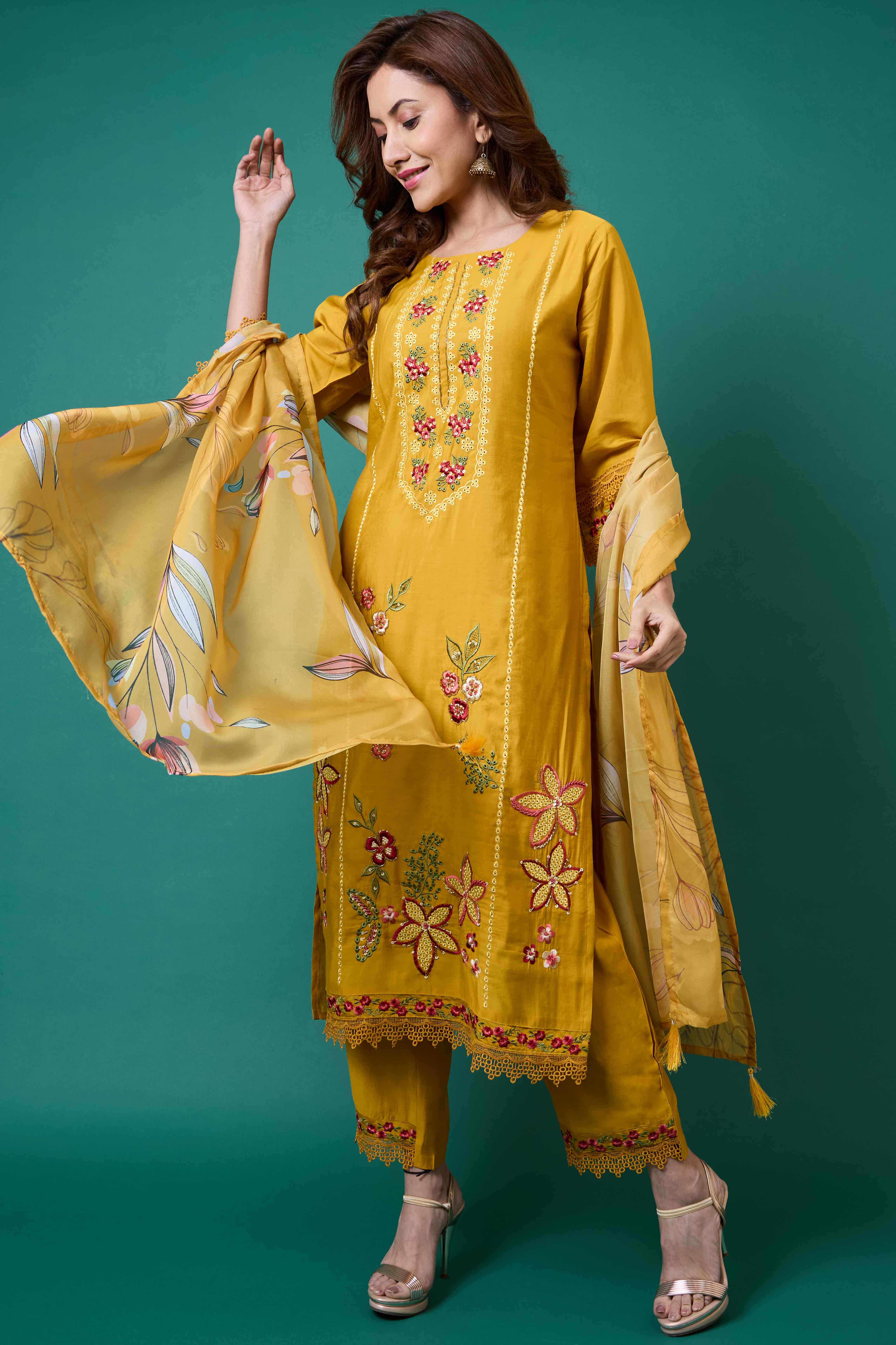 Mustard Floral Embroidered Chanderi Silk Salwar Suit