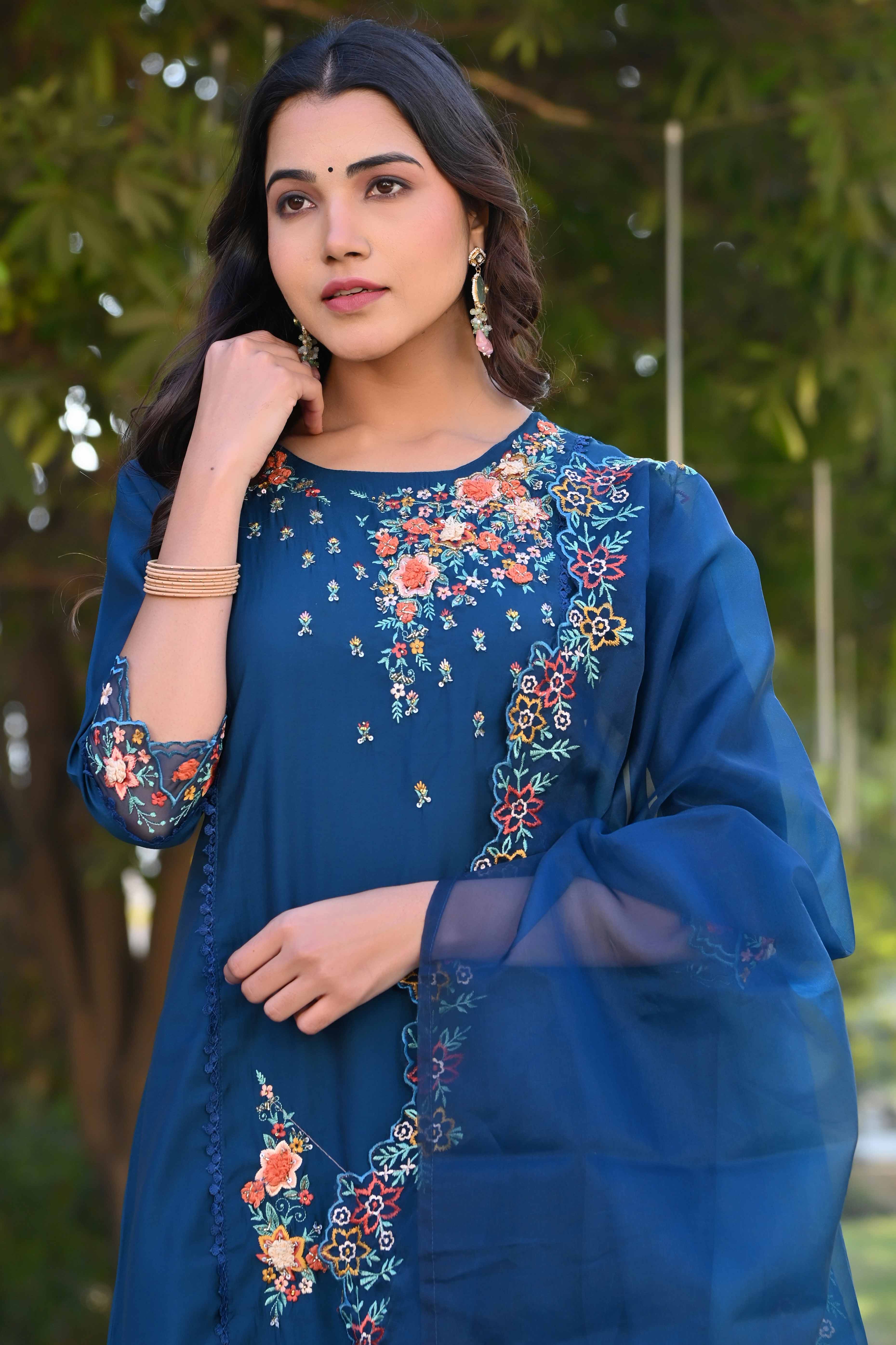 Navy Blue Floral Embroidery Handwork Viscose Salwar Suit