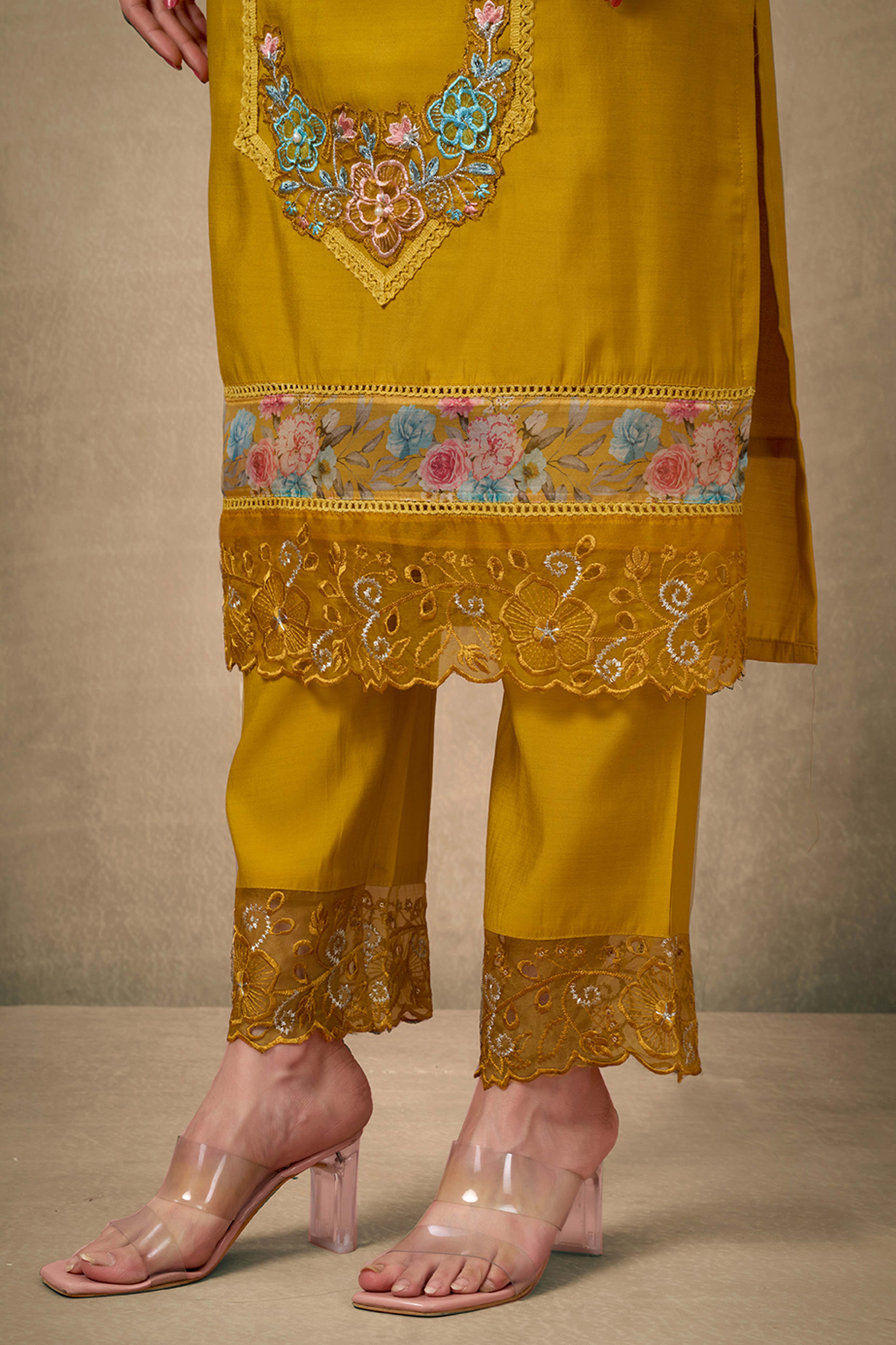 Mustard Floral Patch Work Embroidered Chanderi Straight Salwar Suit