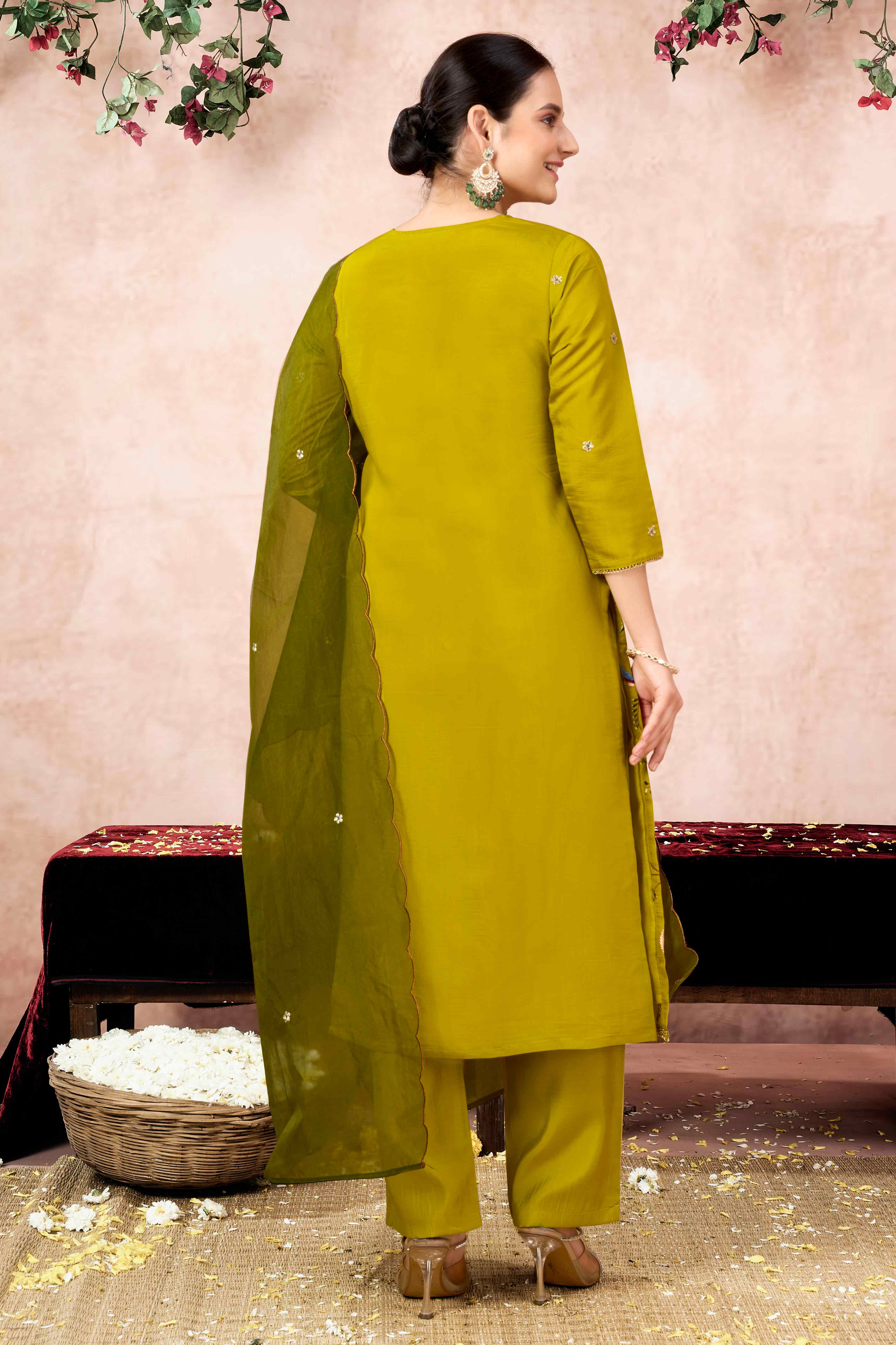 Lime Yellow Floral Embroidered Muslin Straight Salwar Suit