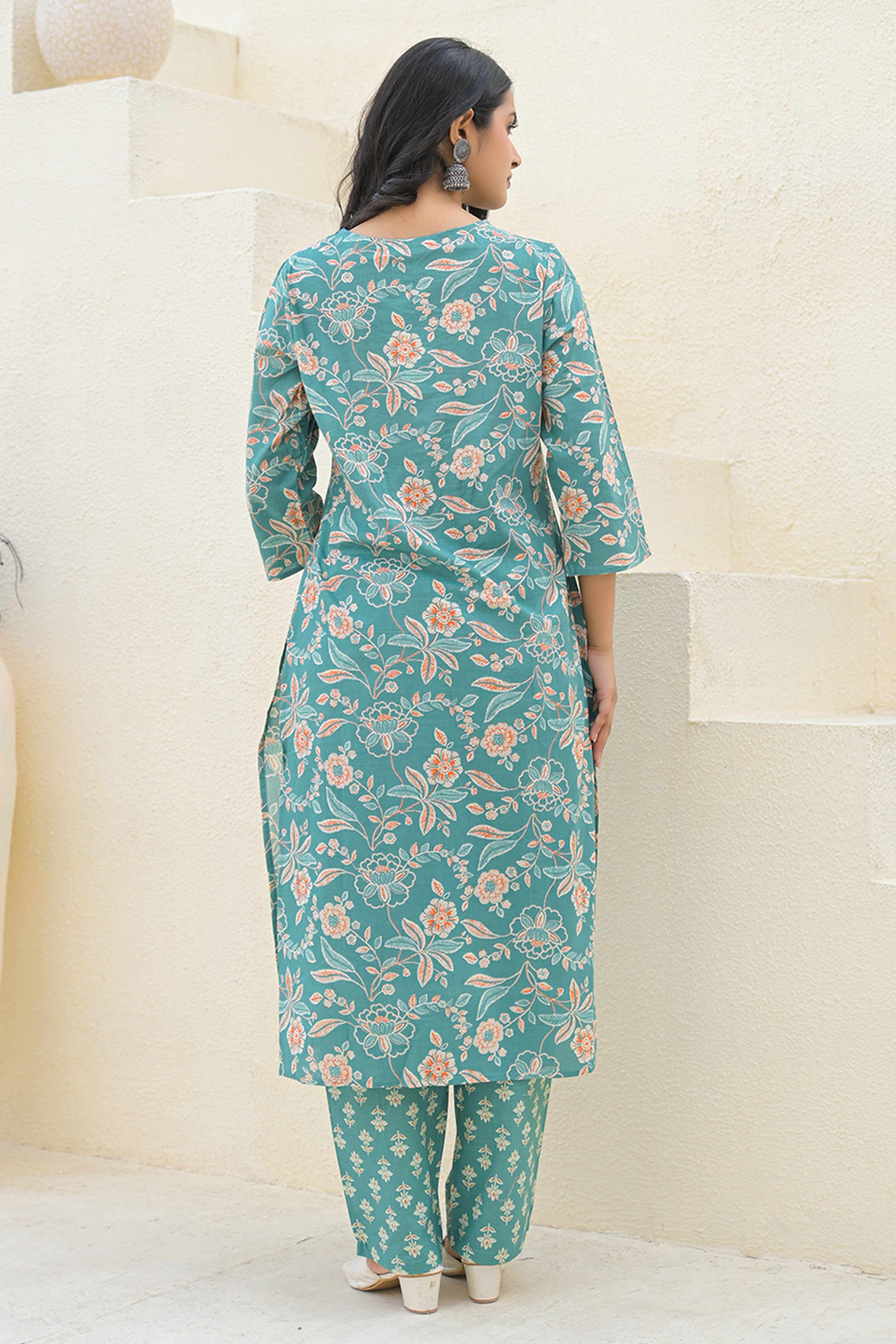 Sea Green Floral Printed With Embroidery Work Cotton Blend Straight Salwar Suit