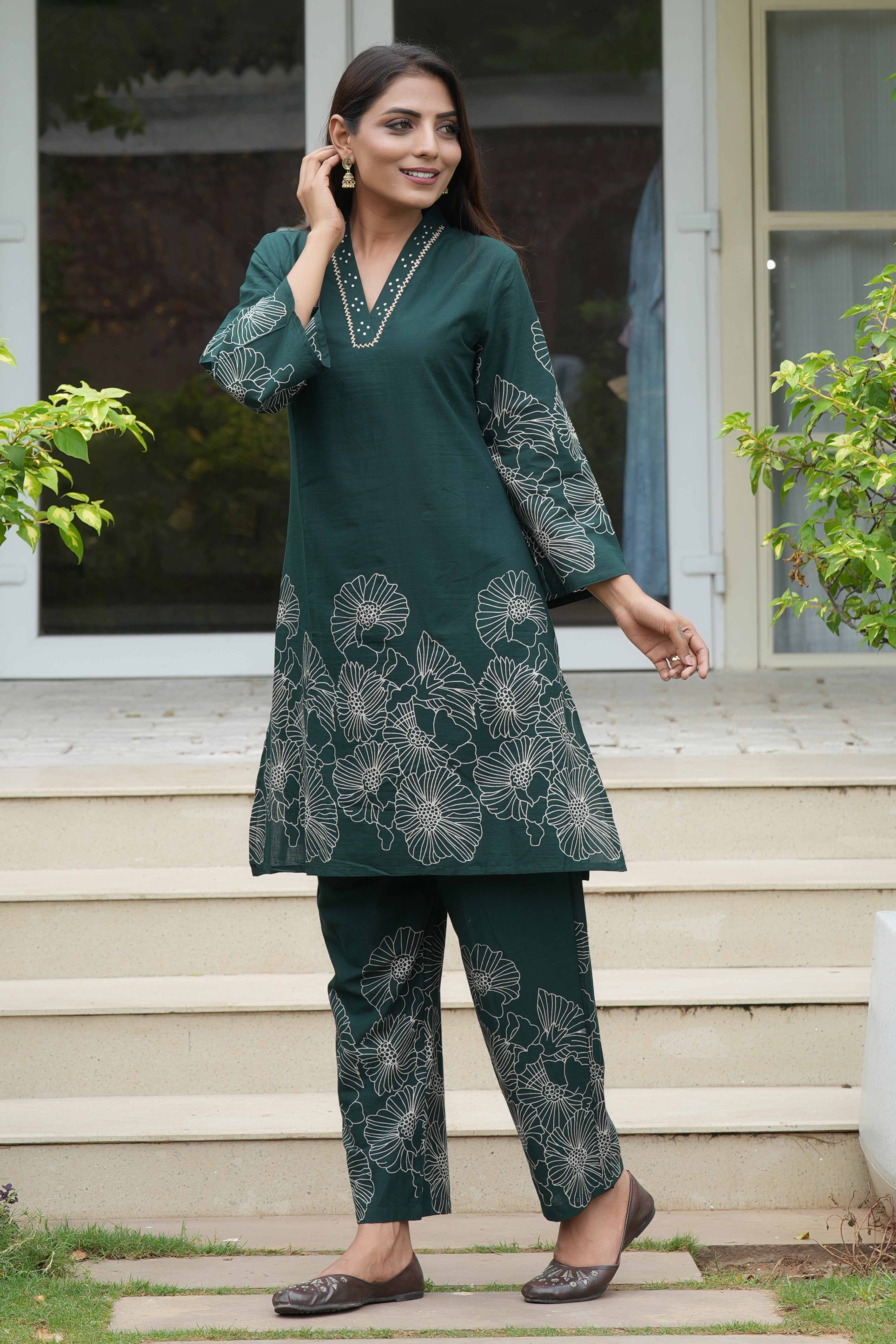 Stylish A-Line Cotton Co-Ord Set in Bottle Green with Floral Prints