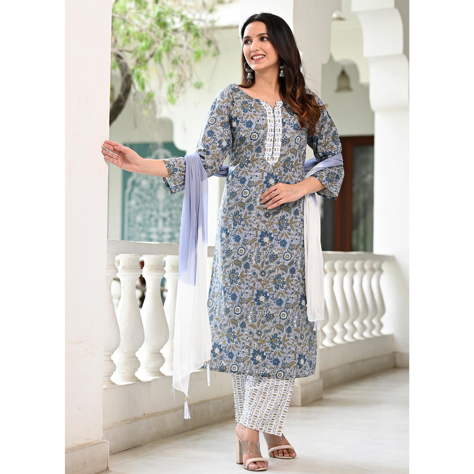 Blue Floral Printed Pure Cotton Suit