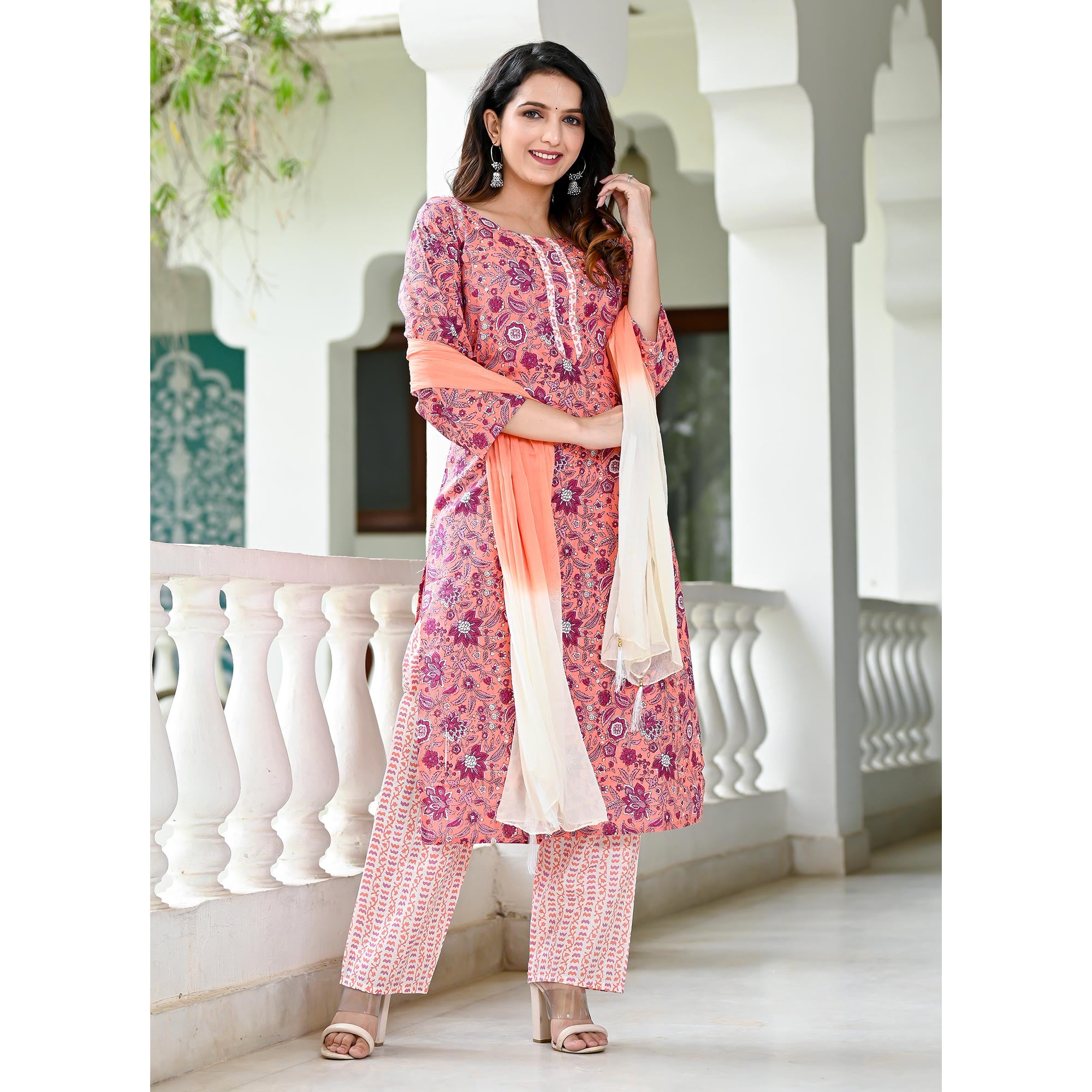 Peach Floral Printed Pure Cotton Suit