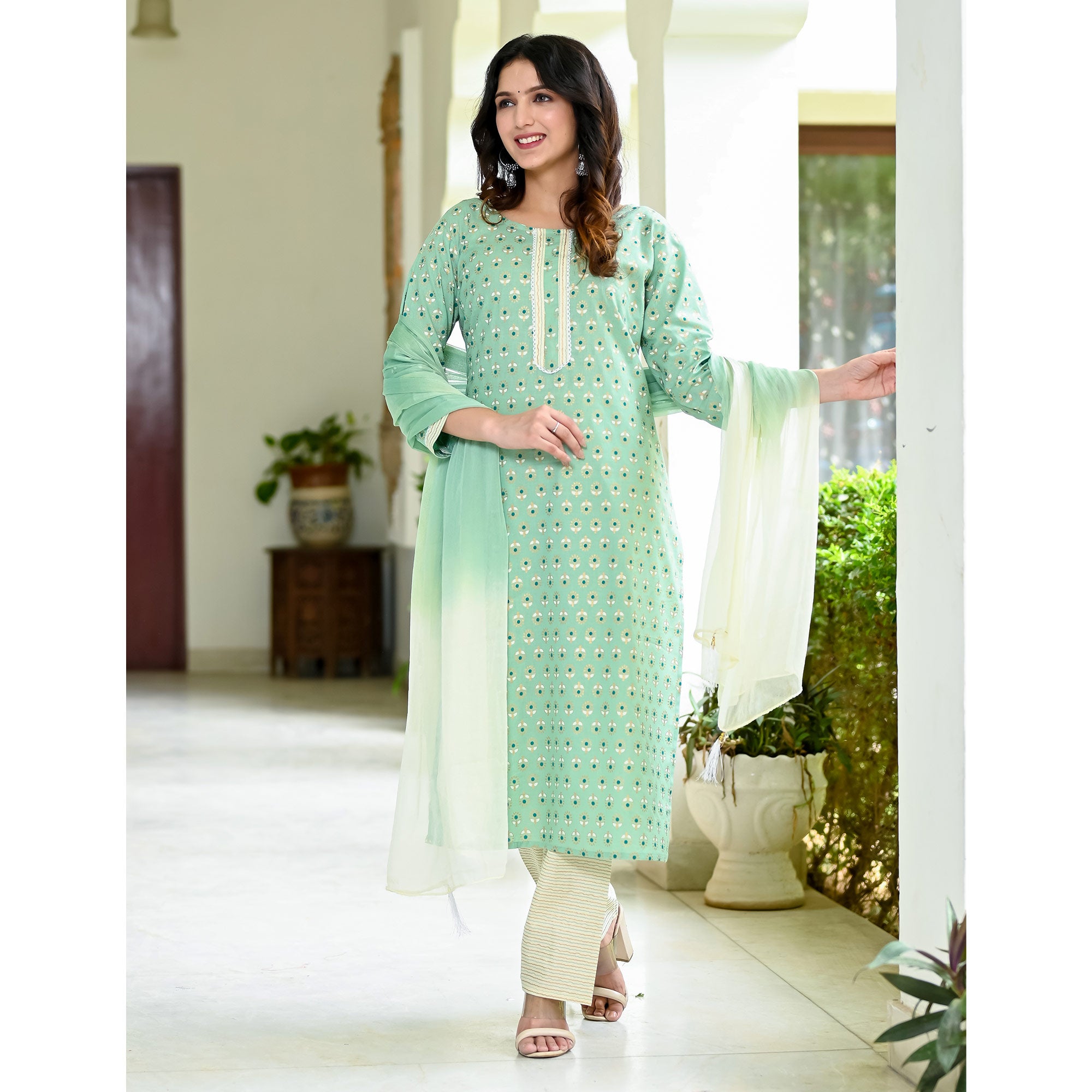 Green Floral Foil Printed Pure Cotton Suit