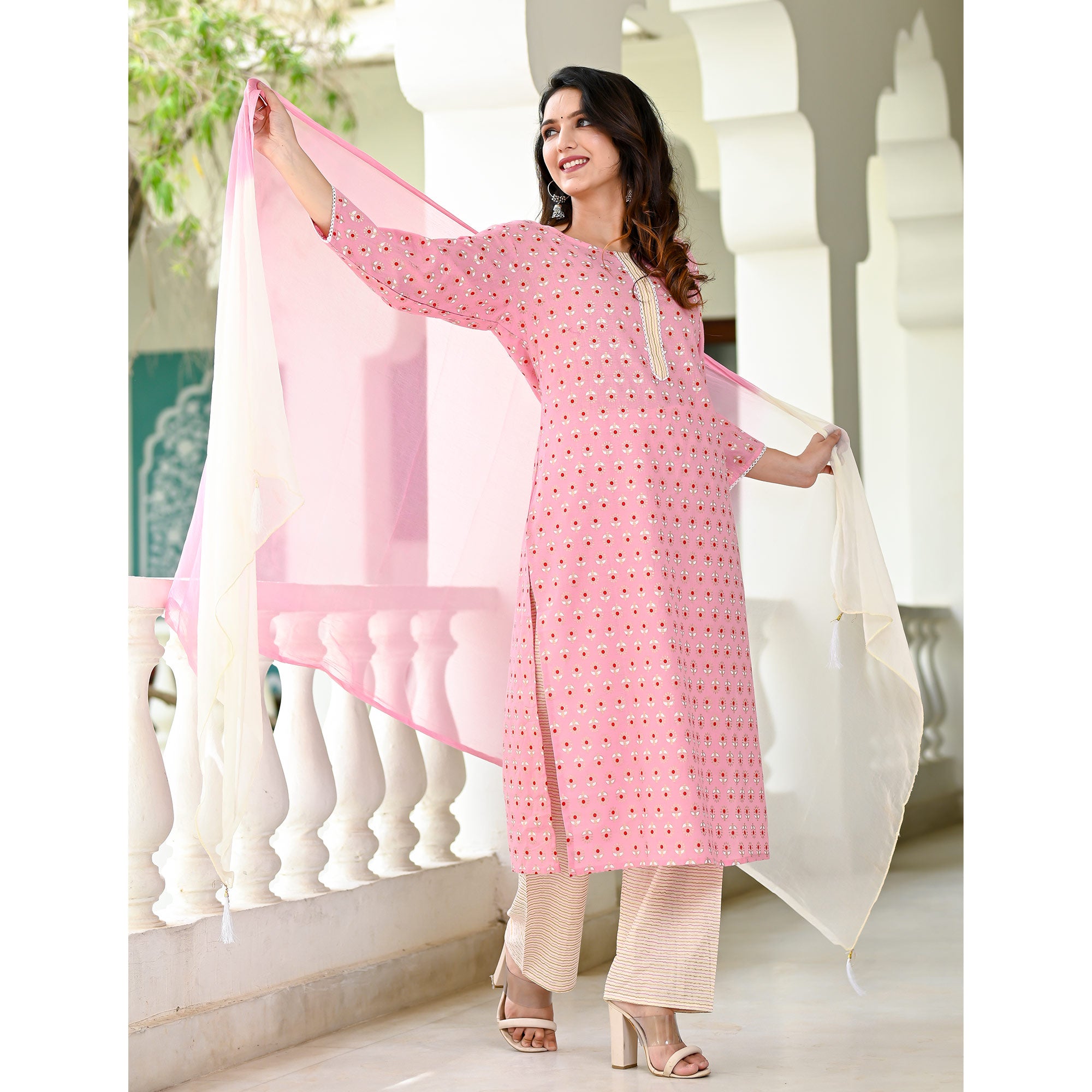 Pink Floral Foil Printed Pure Cotton Suit