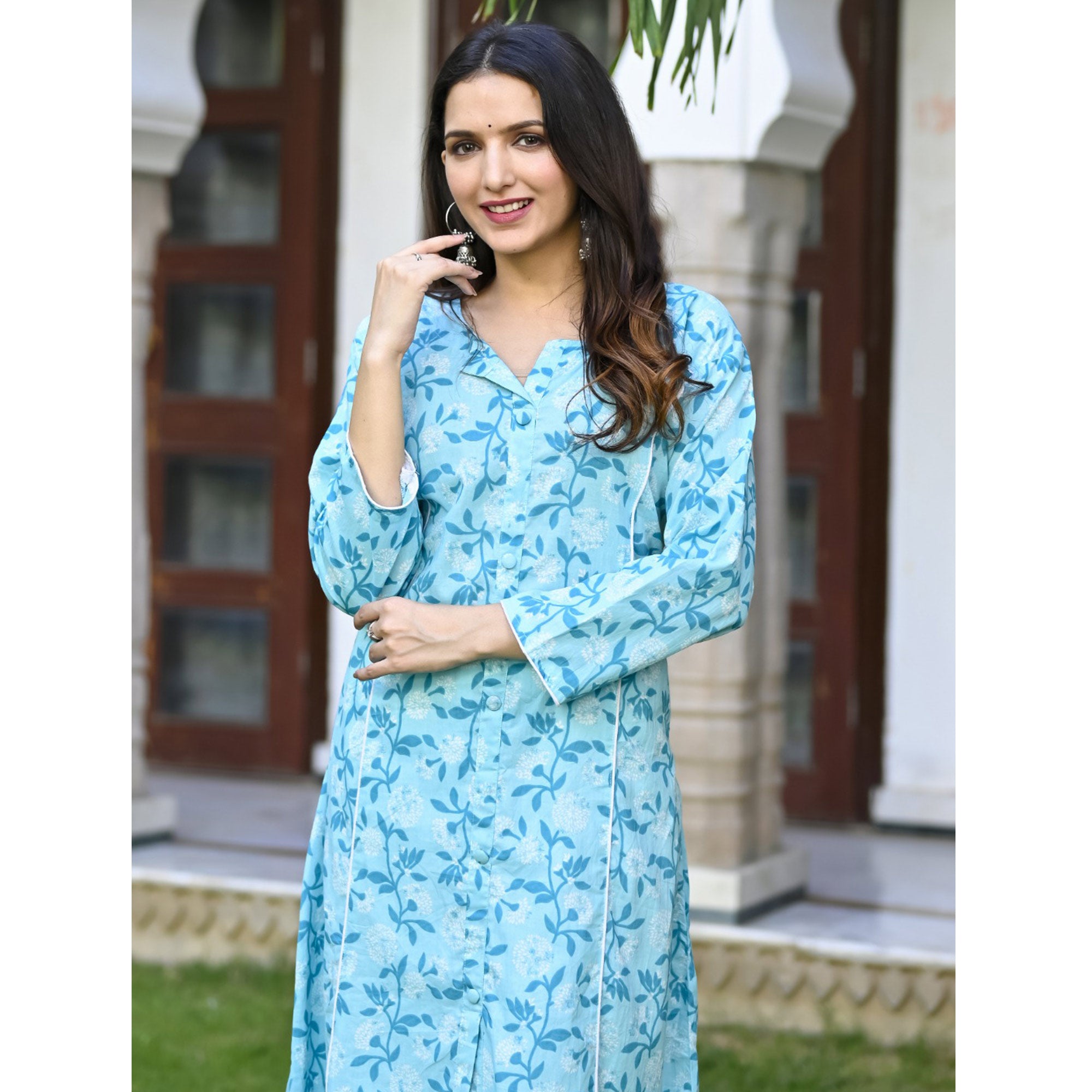 Blue Floral Printed Pure Cotton Kurti
